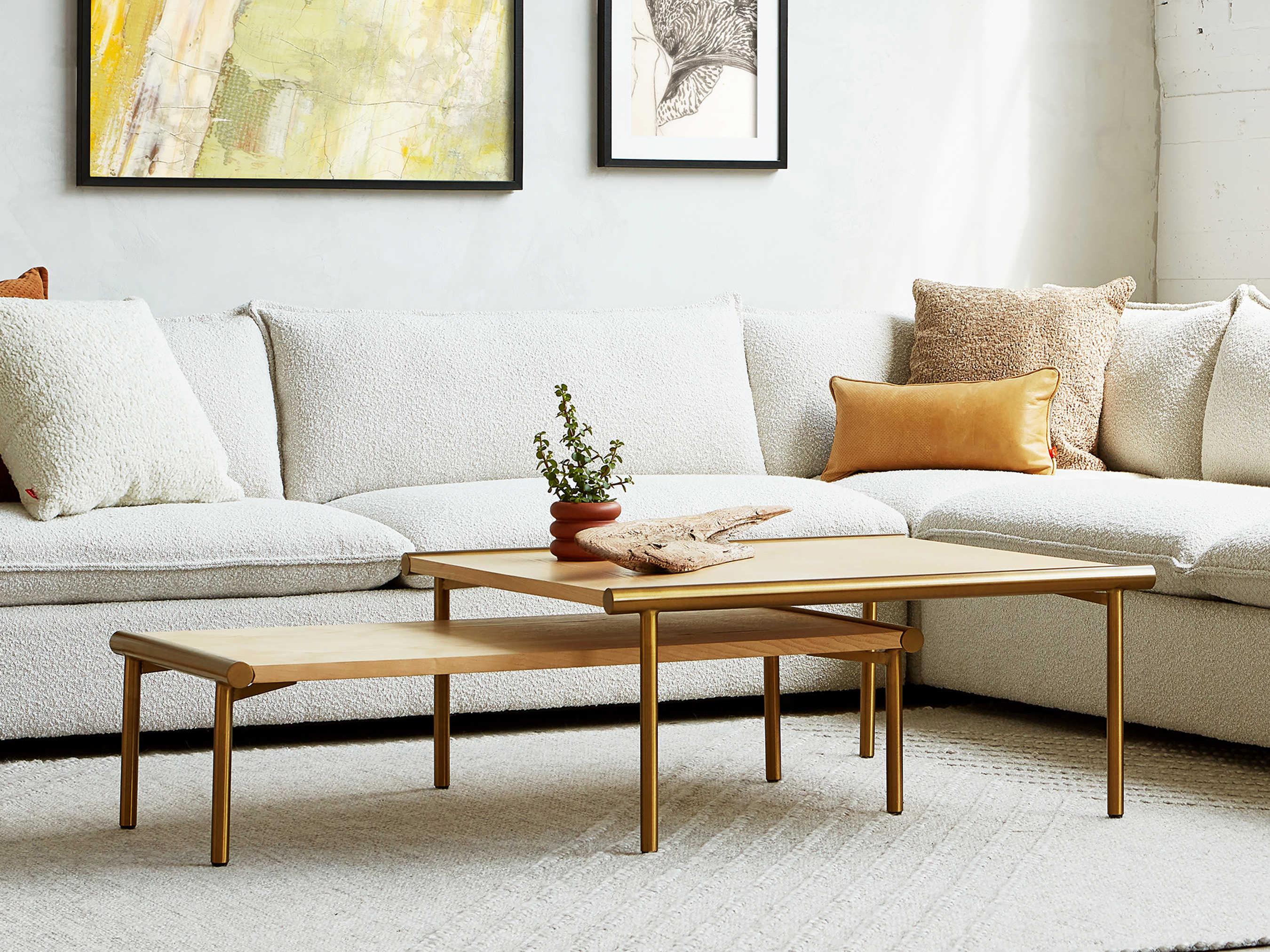 Gus* Modern Manifold Square Wood Blonde Ash Brass Coffee Table