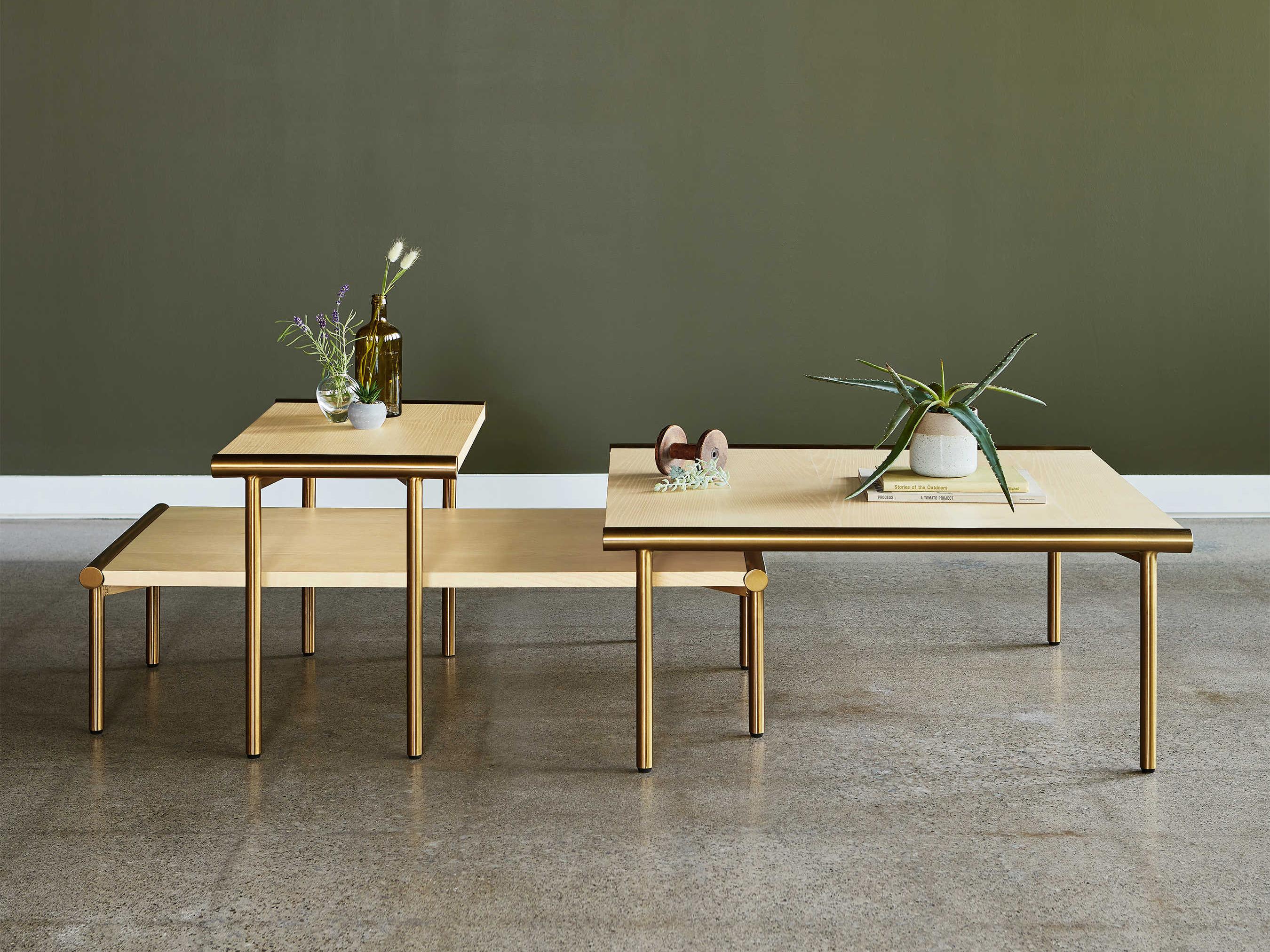 Gus* Modern Manifold Square Wood Blonde Ash Brass Coffee Table