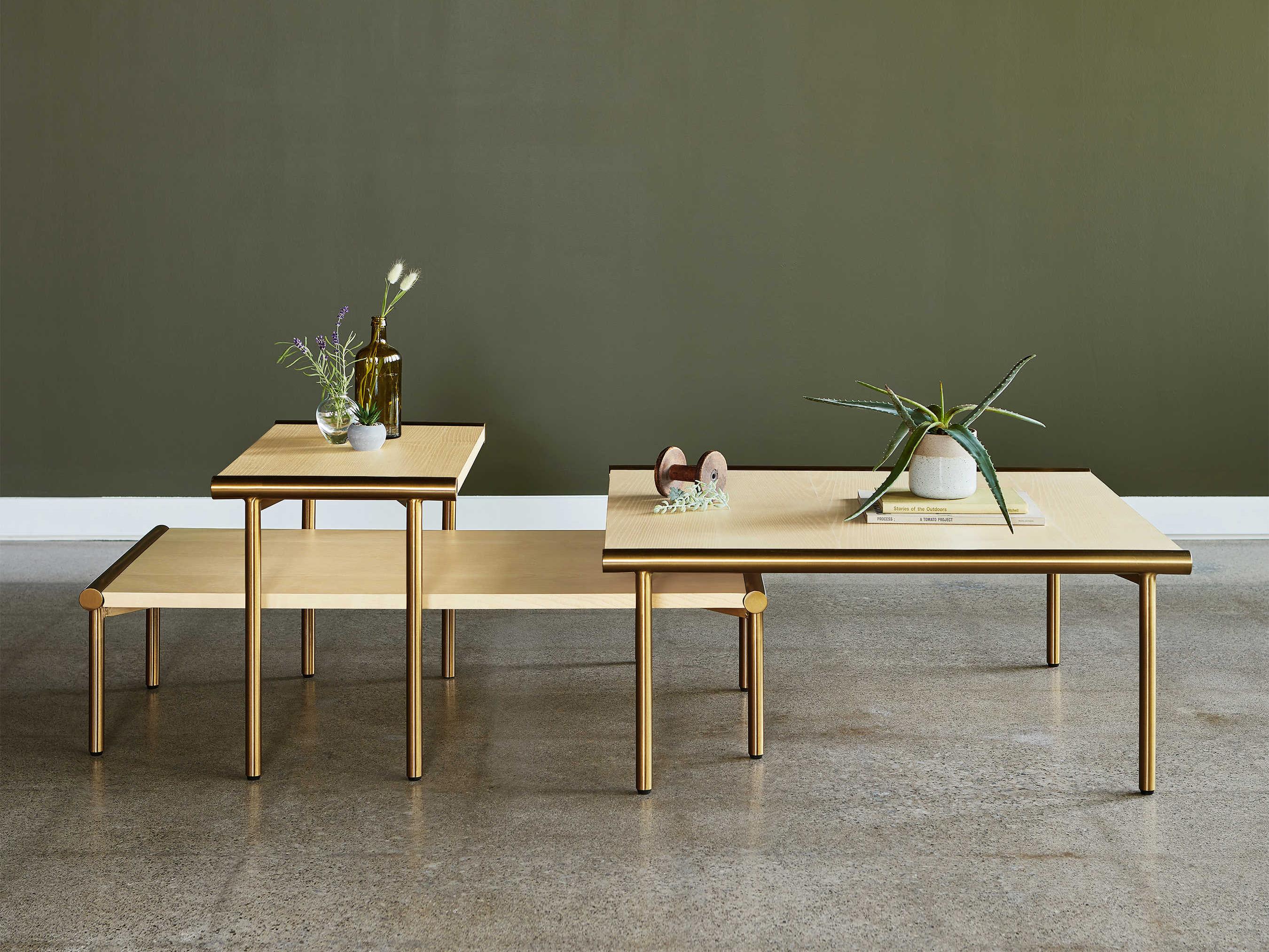 Gus* Modern Manifold Rectangular Wood Blonde Ash Brass End Table