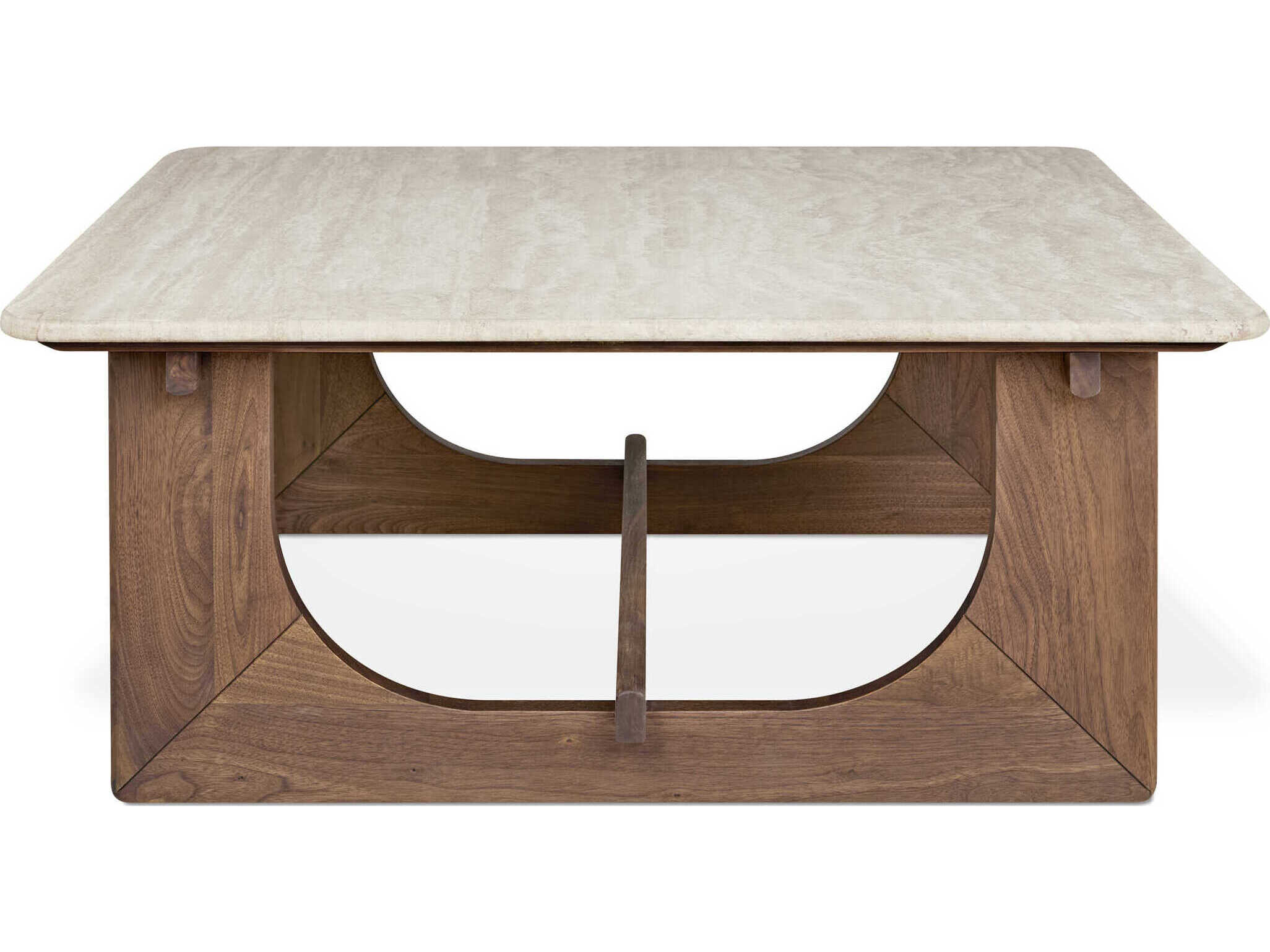 Gus* Modern Portico Square Stone Classic Walnut Travertine Natural Coffee Table