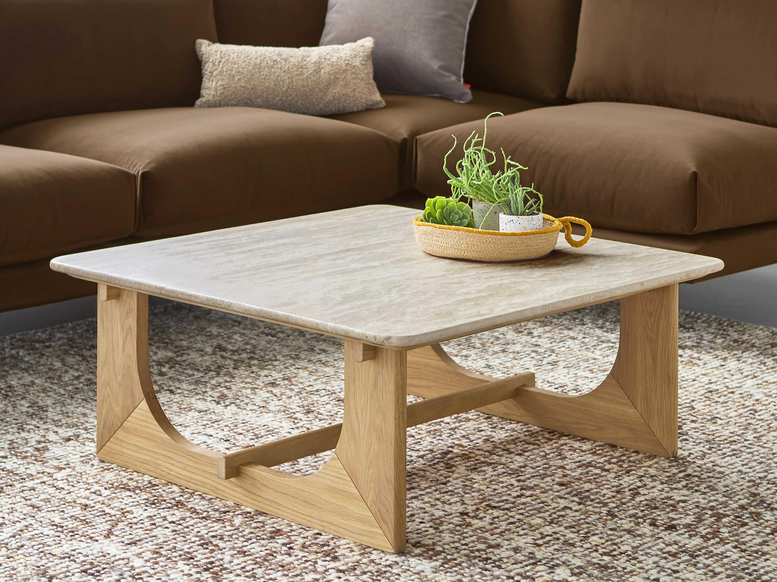 Gus* Modern Portico Square Stone White Oak Travertine Natural Coffee Table