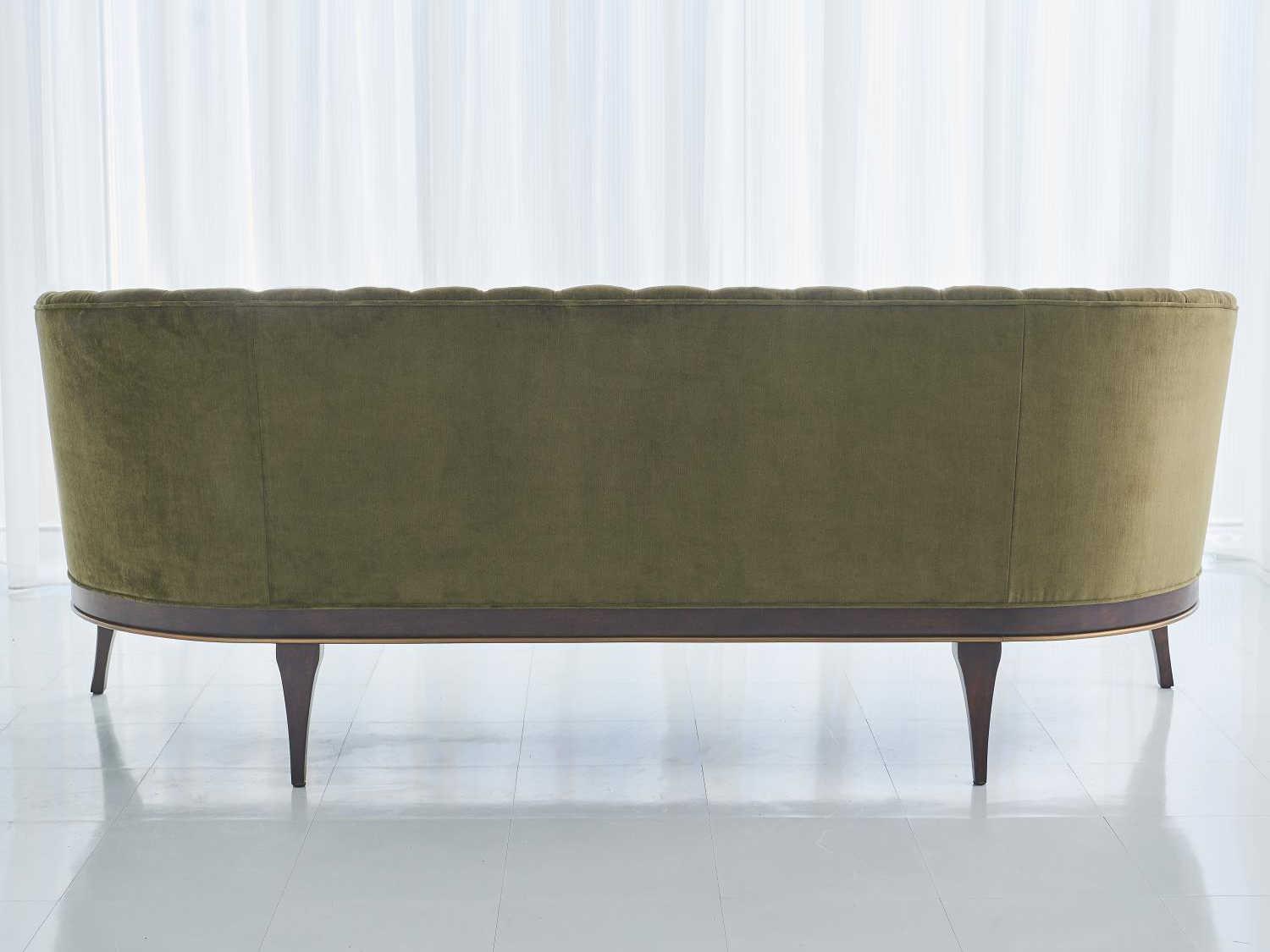 Global Views Mossy Green Velvet Dark Waxed Oil Walnut Brown Upholstered Sofa