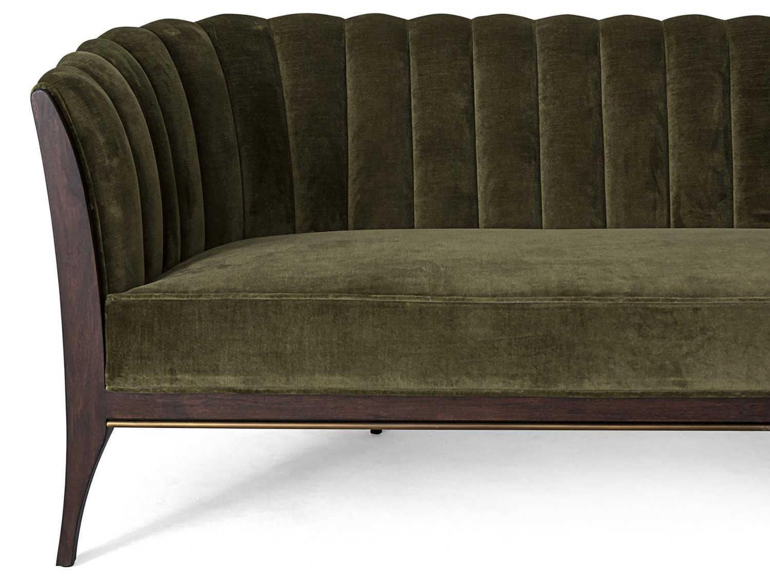 Global Views Mossy Green Velvet Dark Waxed Oil Walnut Brown Upholstered Sofa