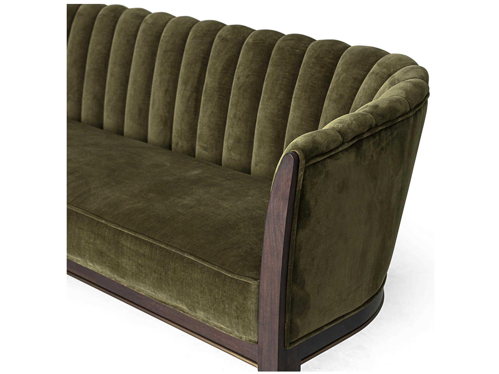 Global Views Mossy Green Velvet Dark Waxed Oil Walnut Brown Upholstered Sofa
