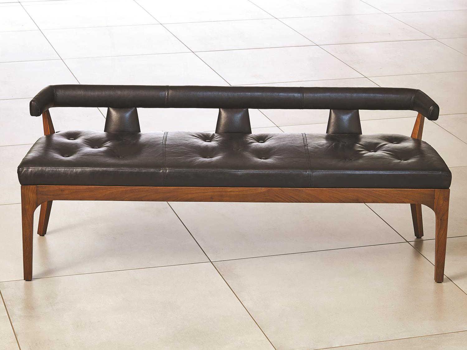 Global Views Black Marble Leather Natural Walnut Brown Upholstered Accent Bench