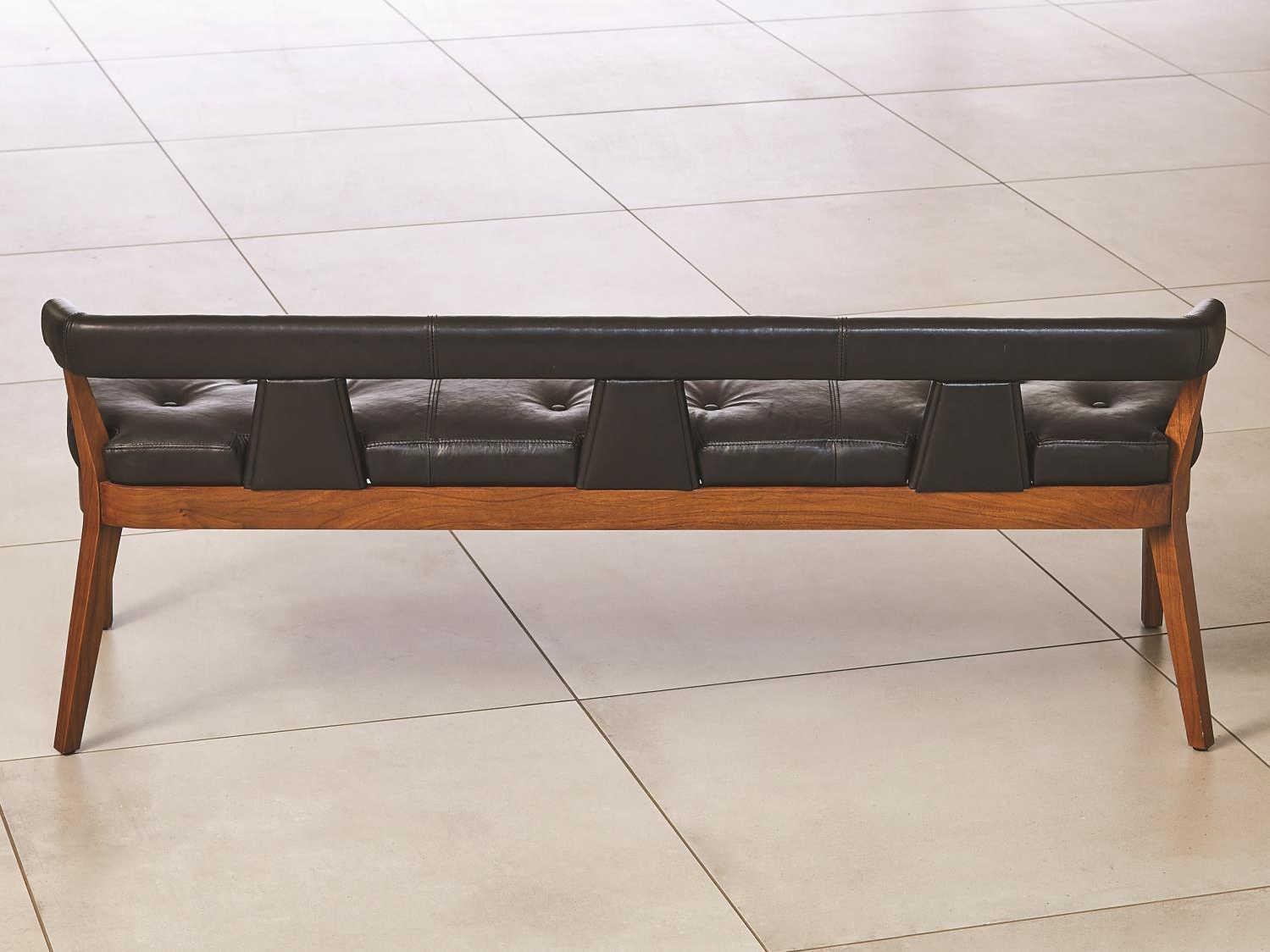Global Views Black Marble Leather Natural Walnut Brown Upholstered Accent Bench