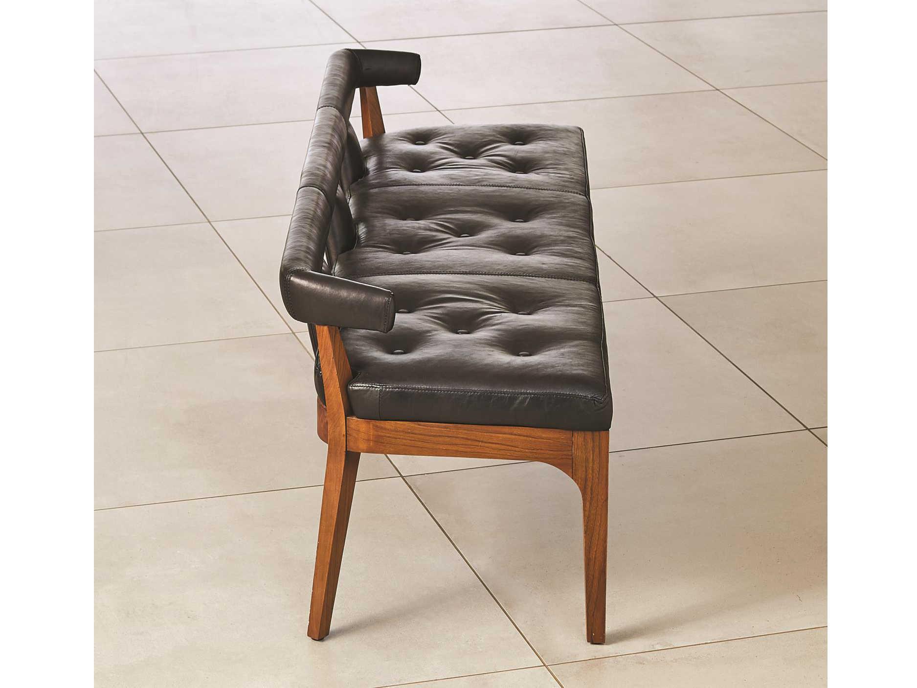 Global Views Black Marble Leather Natural Walnut Brown Upholstered Accent Bench