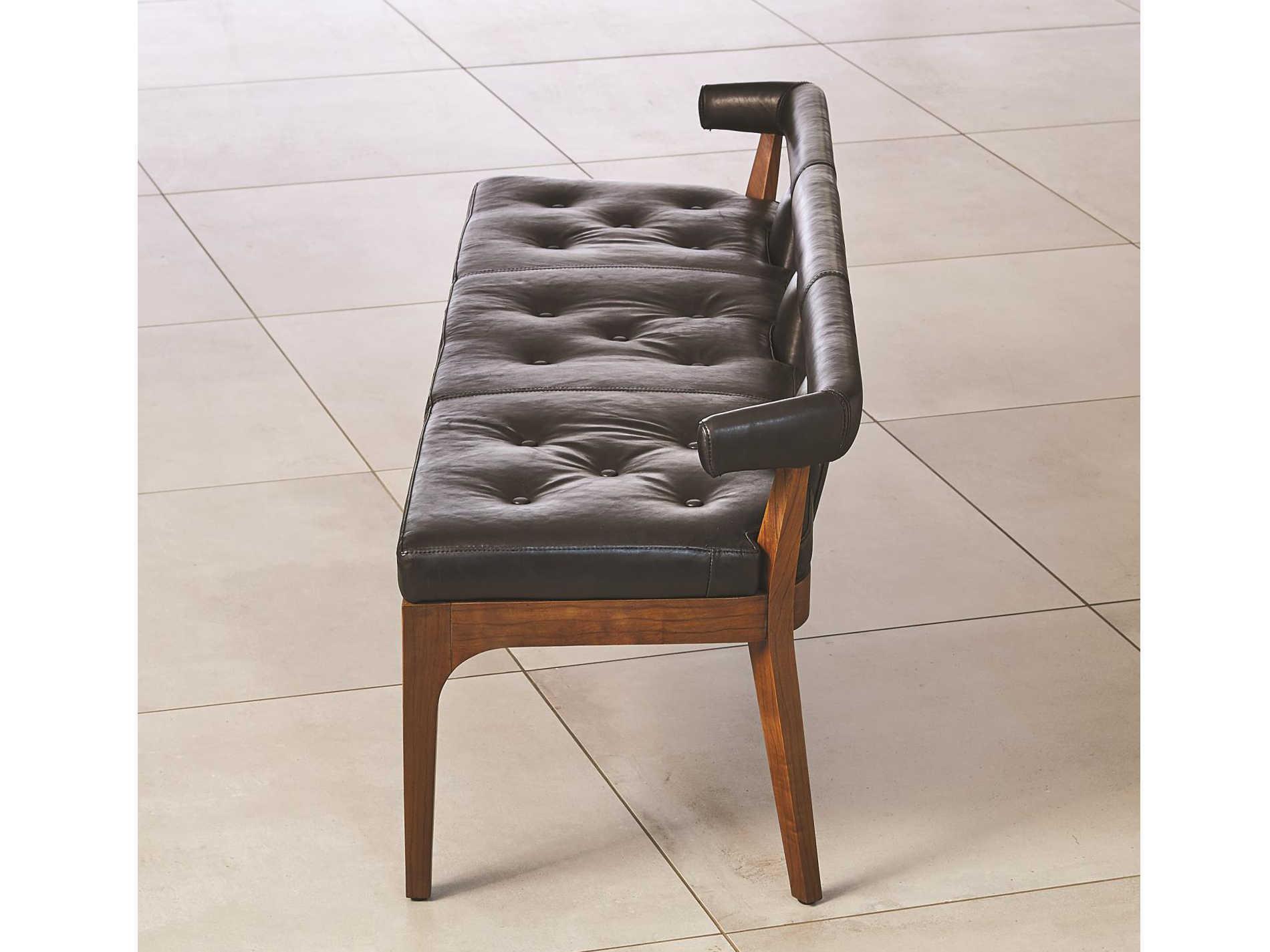 Global Views Black Marble Leather Natural Walnut Brown Upholstered Accent Bench
