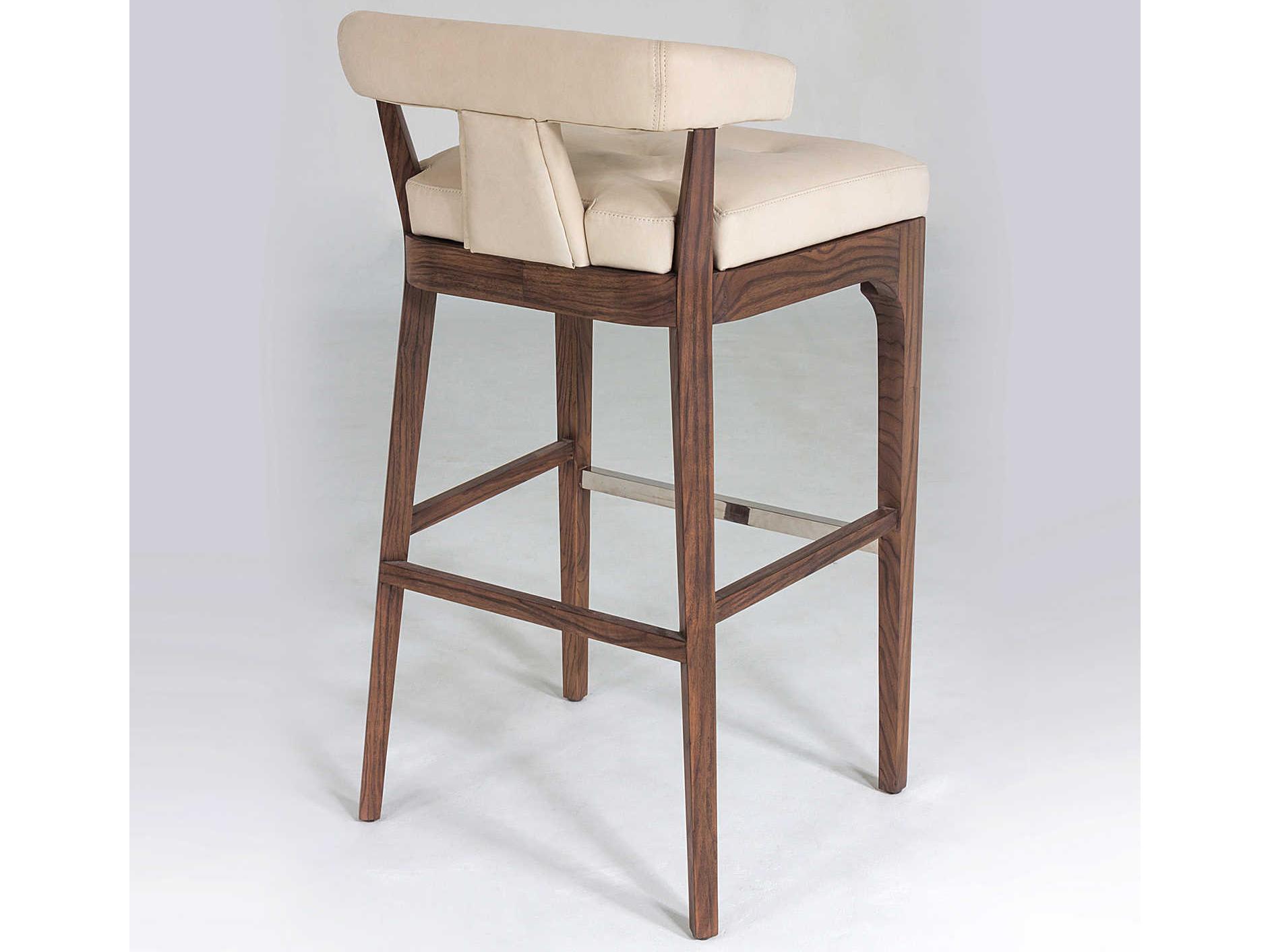 Global Views Leather Walnut Wood Natural Polished Stainless Steel Bar Stool