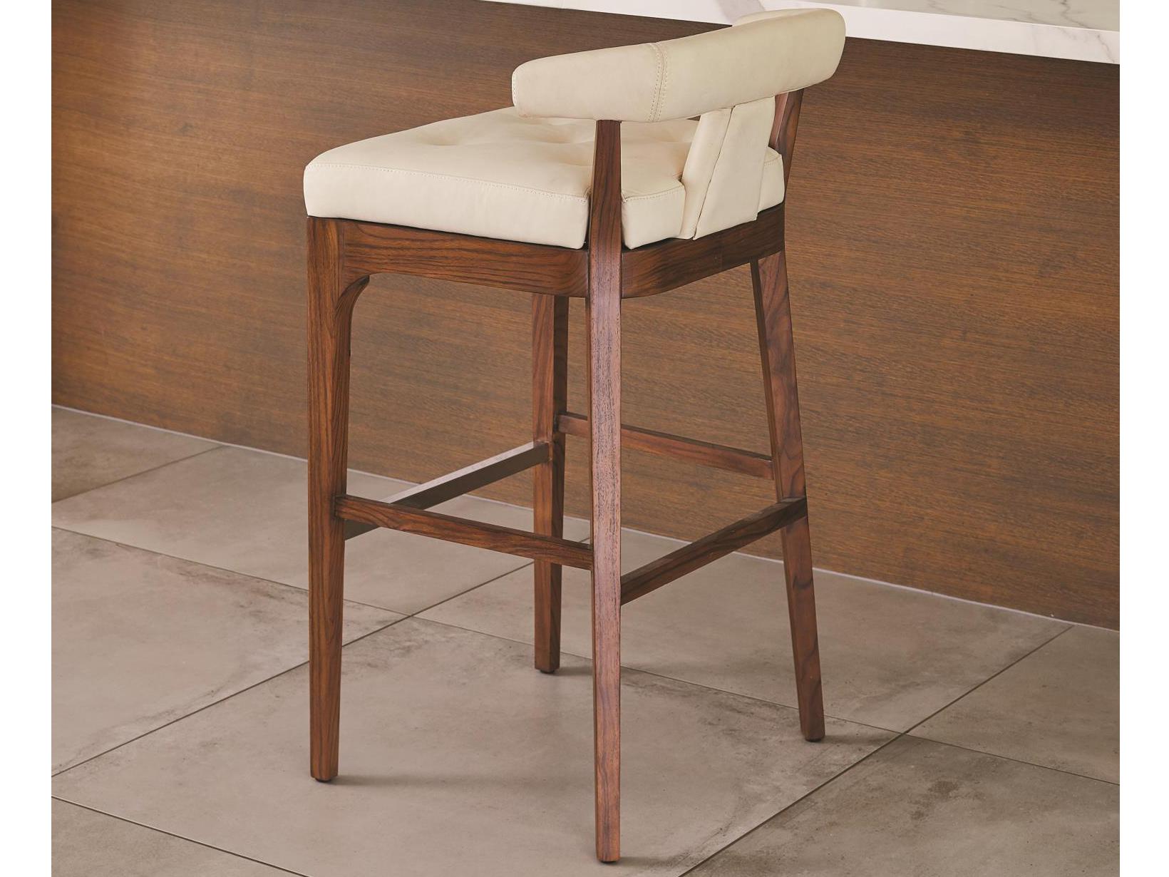 Global Views Leather Walnut Wood Natural Polished Stainless Steel Bar Stool