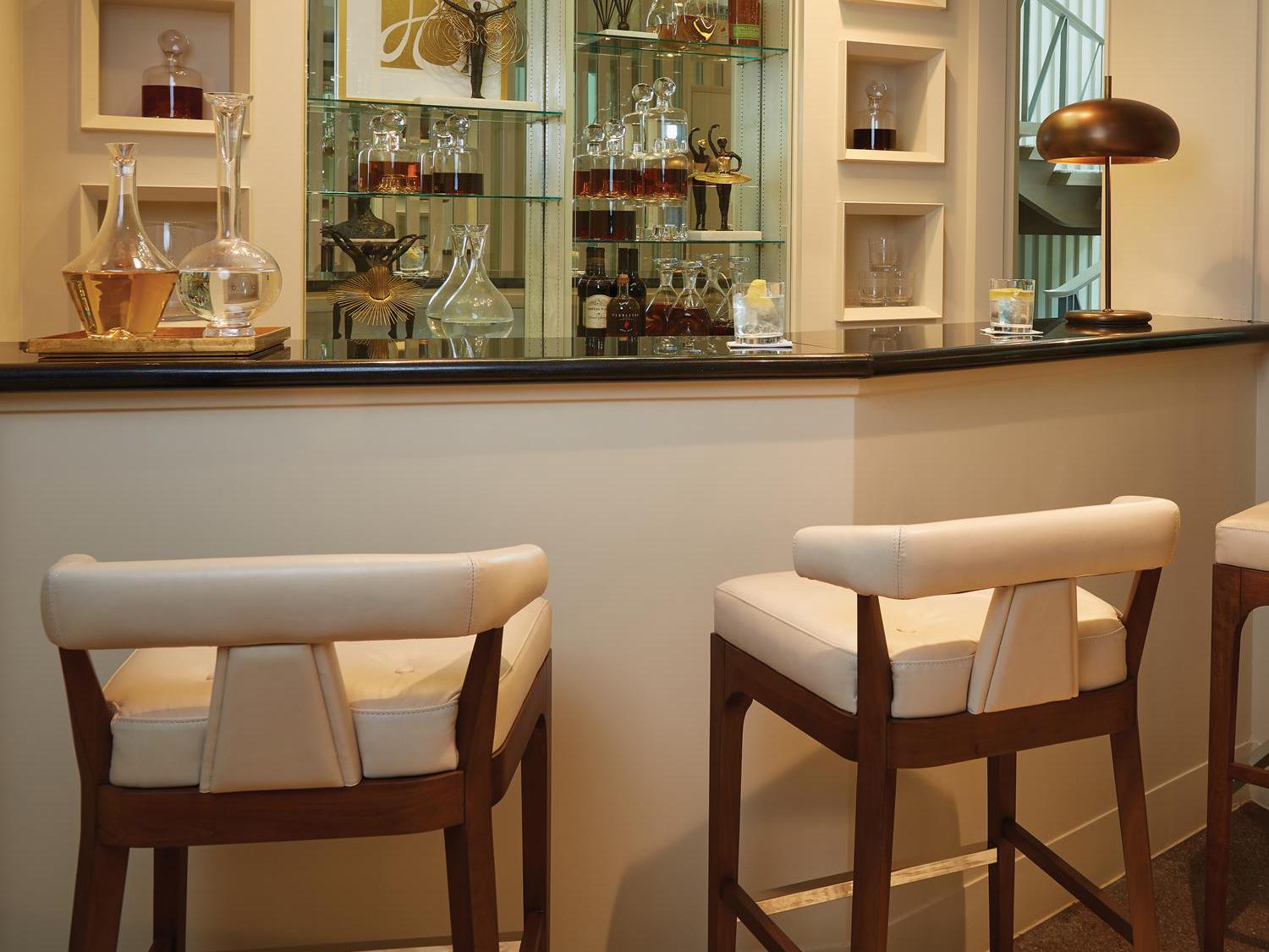 Global Views Leather Walnut Wood Natural Polished Stainless Steel Bar Stool