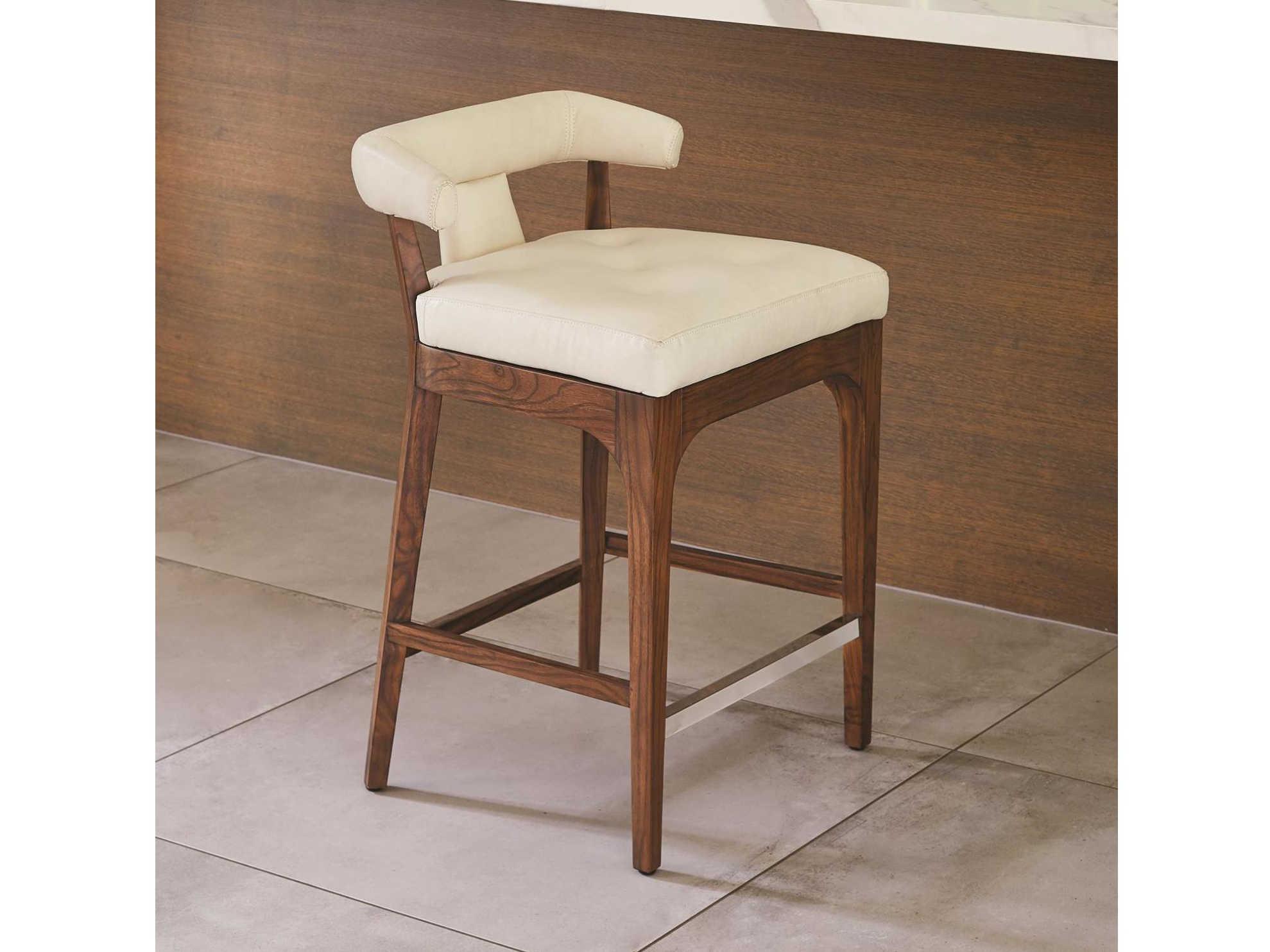 Global Views Leather Walnut Wood Ivory Marble Natural Counter Stool