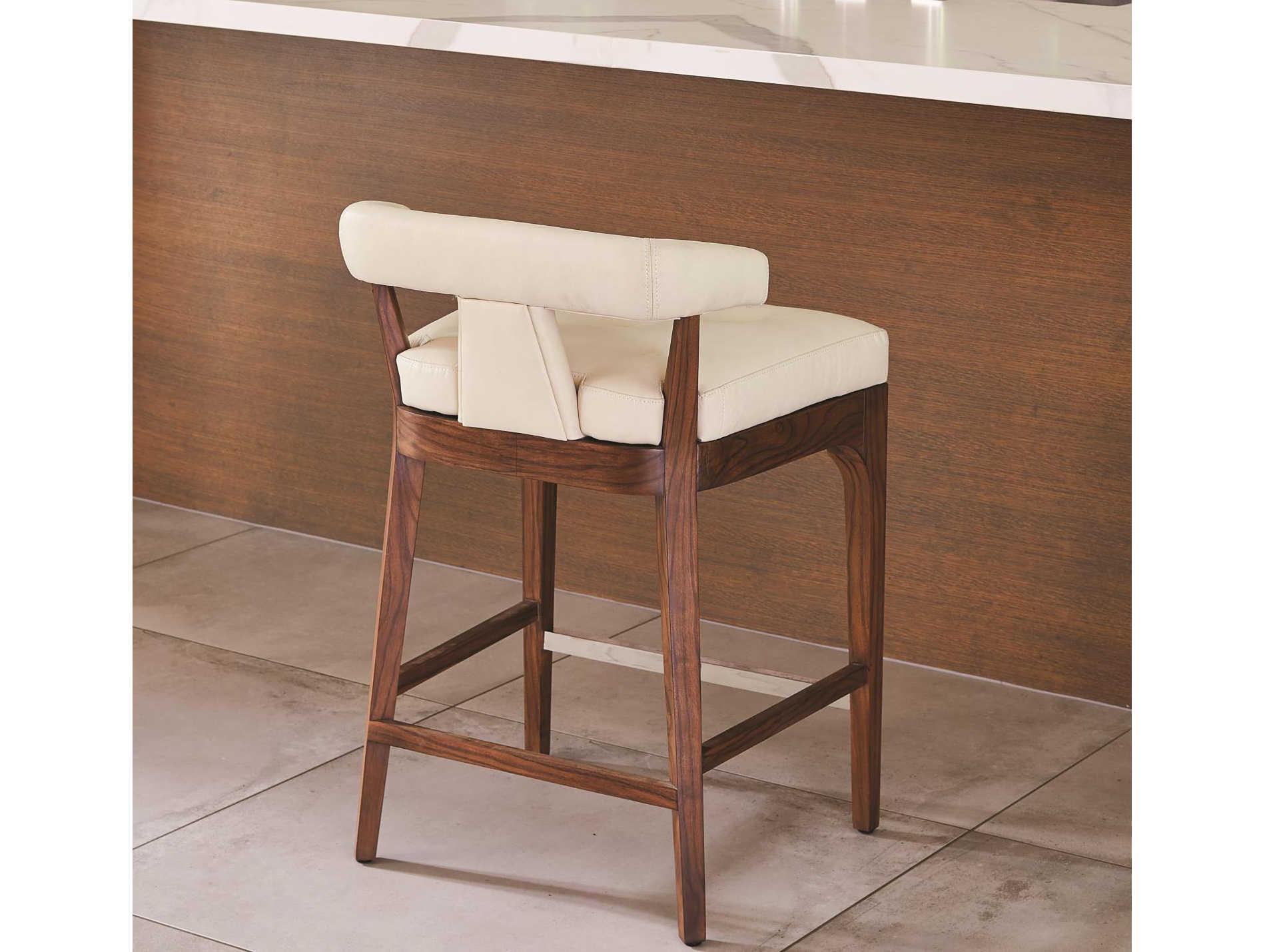 Global Views Leather Walnut Wood Ivory Marble Natural Counter Stool