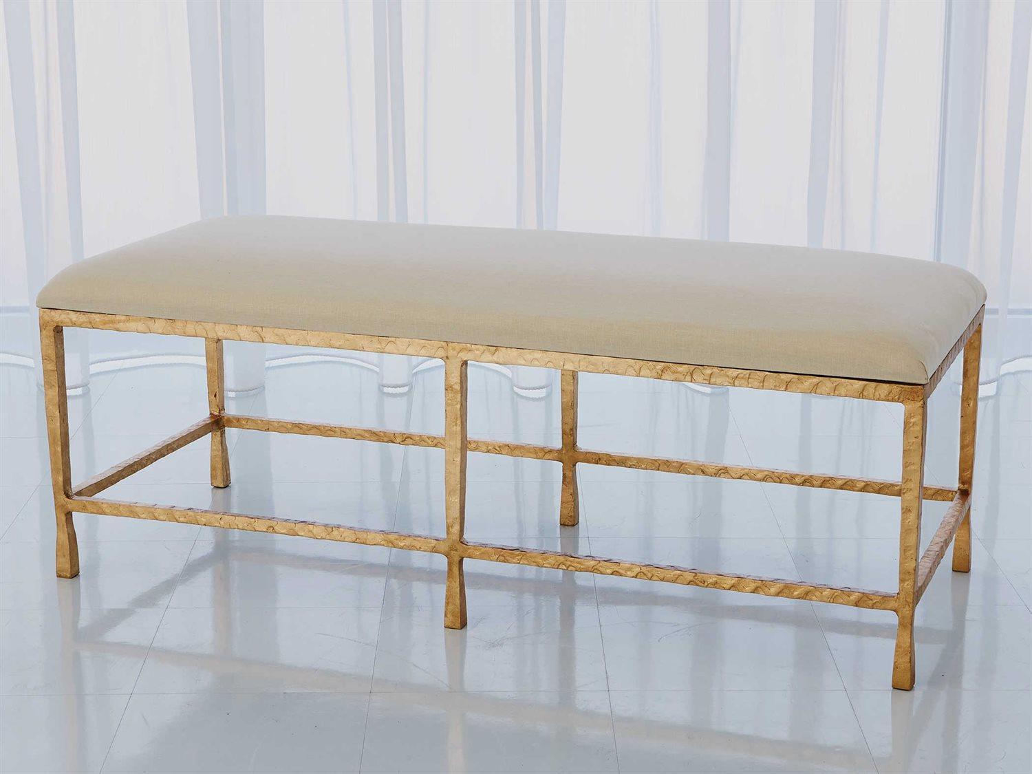 Global Views Gold Leaf White Upholstered Accent Bench
