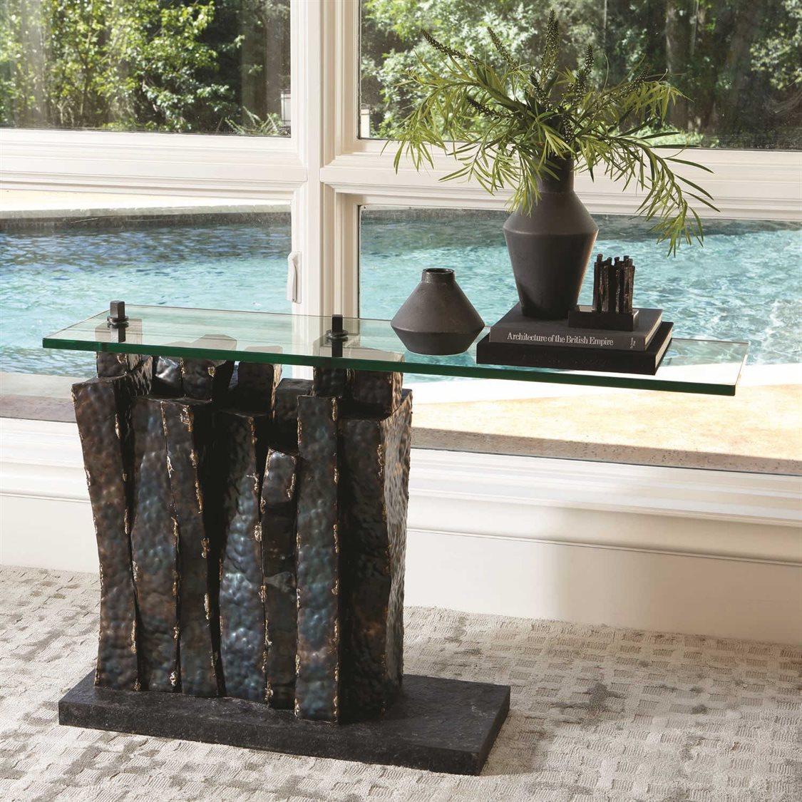 Global Views Rectangular Glass Brass Braising Torched Console Table