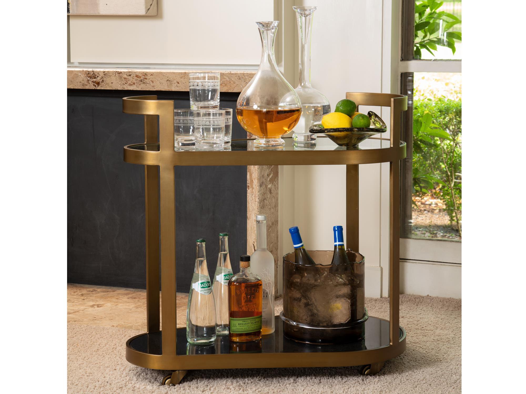 Global Views Glass Clear Antique Brass Bar Cart