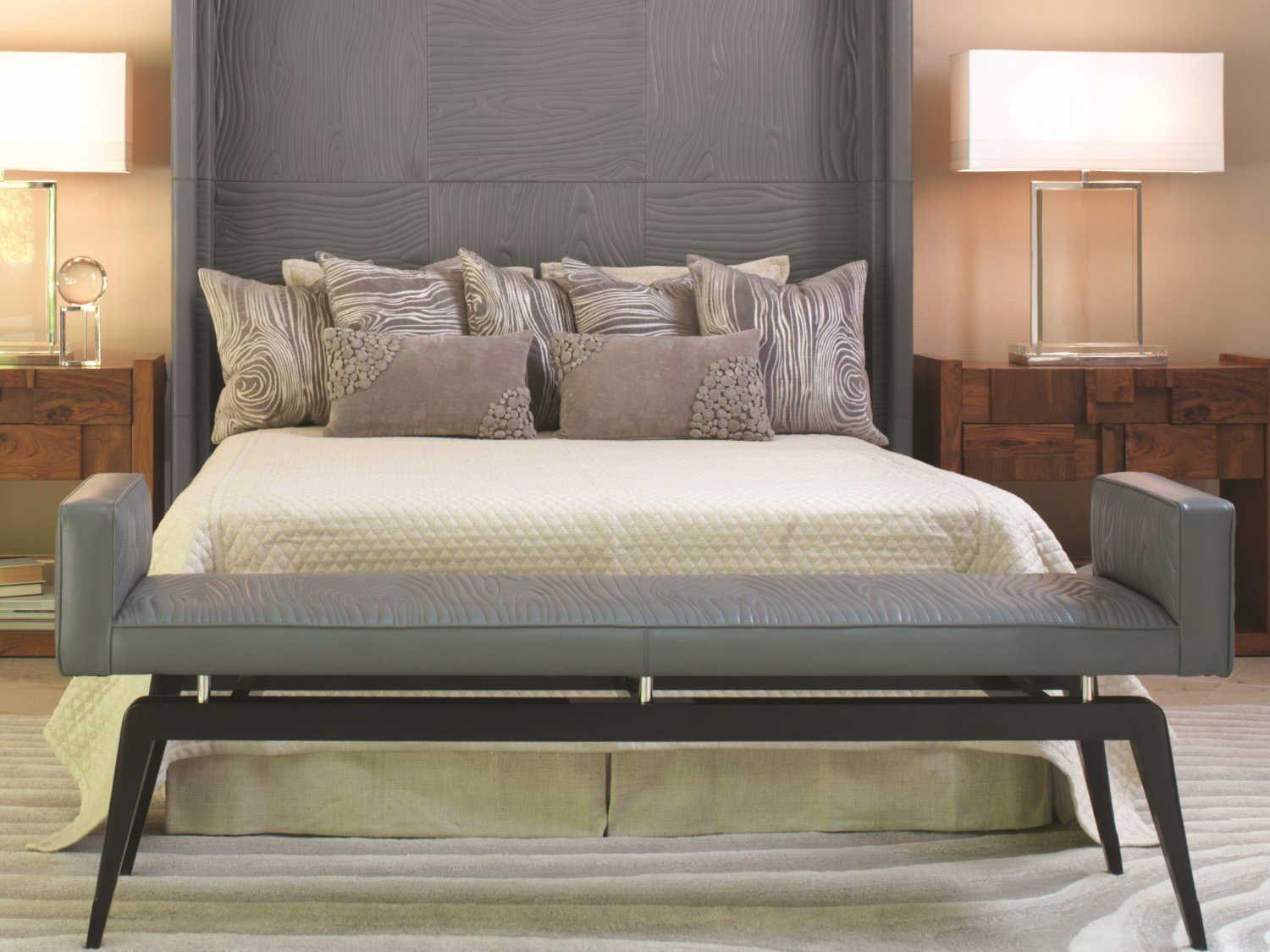 Global Views Ebony Lacquer Polished Nickel Gray Leather Accent Bench