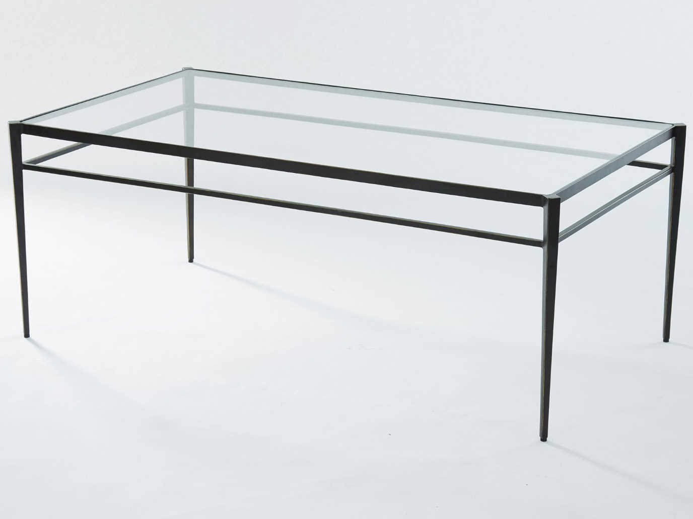 Global Views Rectangular Glass Dark Gunmetal Bronze Powder Coat Gold Edges highlights Coffee Table