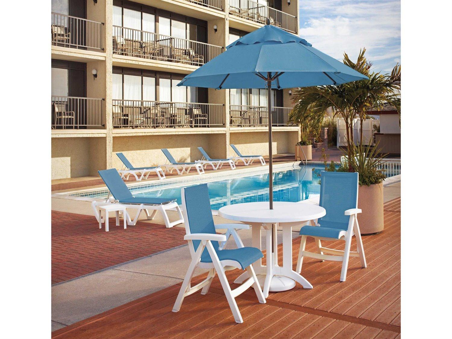 Grosfillex Jamaica Beach Sling Resin White Patio Dining Set in Sky Blue