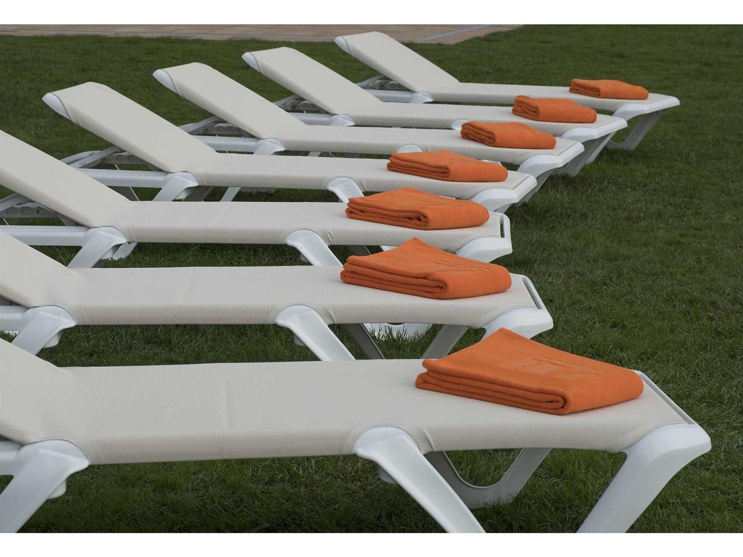 Grosfillex Nautical Pro Sling Resin White Patio Lounge Set in Khaki