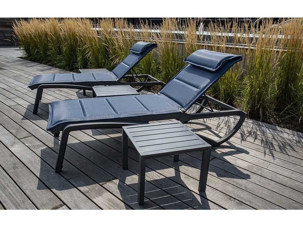 Grosfillex Sunset Sling Volcanic Black Aluminum Resin Outdoor Patio Lounge Set in Madras Blue