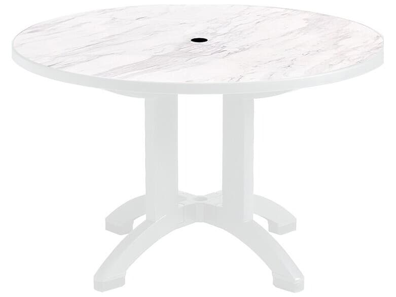 Grosfillex Aquaba Classic Resin White Marble/ White Round Patio Dining Table with Umbrella Hole