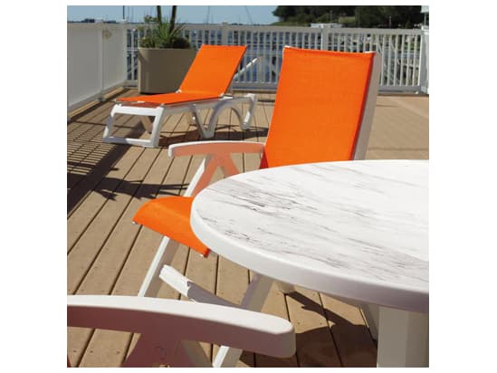 Grosfillex Aquaba Classic Teakwood Round Sawcut Top Outdoor Dining Table with Umbrella Hole