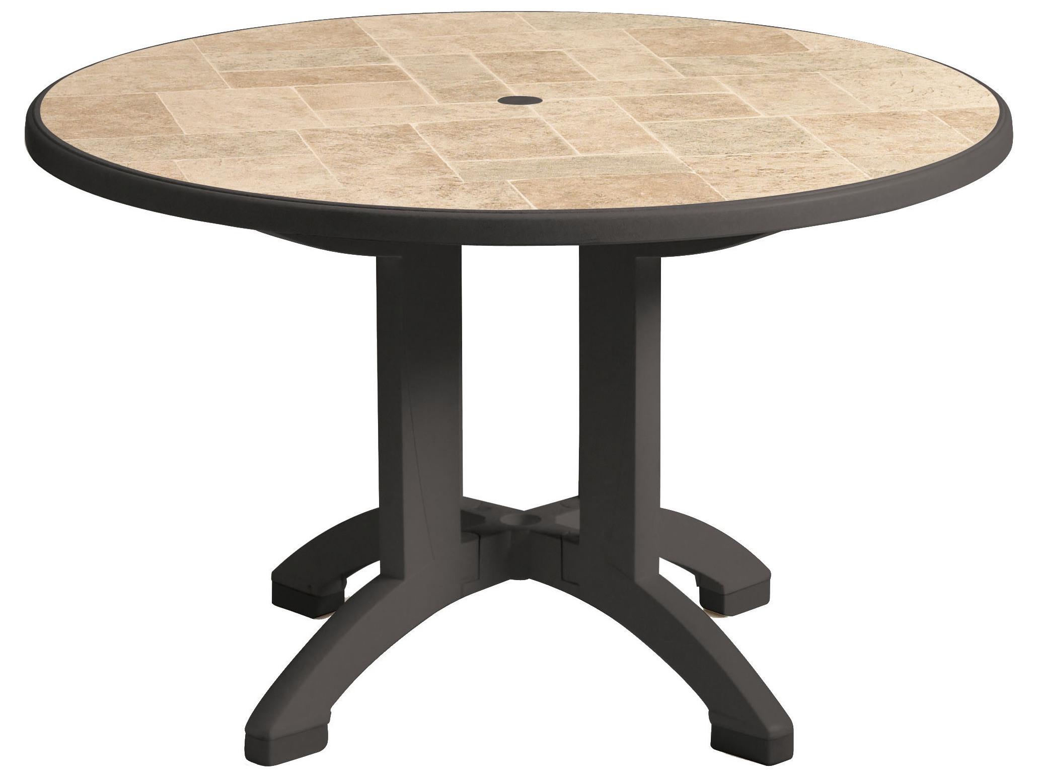 Grosfillex Aquaba Classic Resin Charcoal Round Toscana Top Patio Dining Table with Umbrella Hole