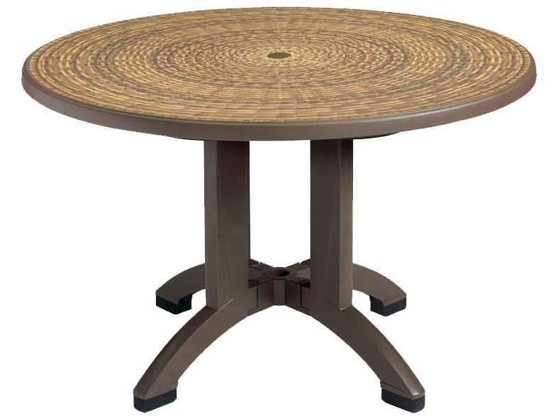 Grosfillex Aquaba Classic Resin Espresso Round Wicker Top Outdoor Dining Table with Umbrella Hole