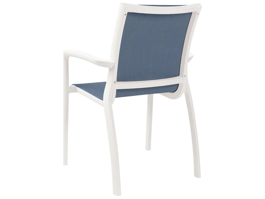 Grosfillex Sunset Sling Aluminum Glacier White Stacking Outdoor Dining Arm Chair in Madras Blue