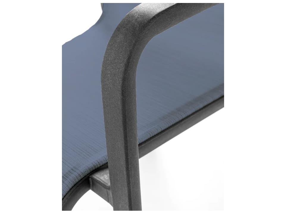 Grosfillex Sunset Sling Aluminum Volcanic Black Stacking Outdoor Patio Dining Arm Chair in Madras Blue