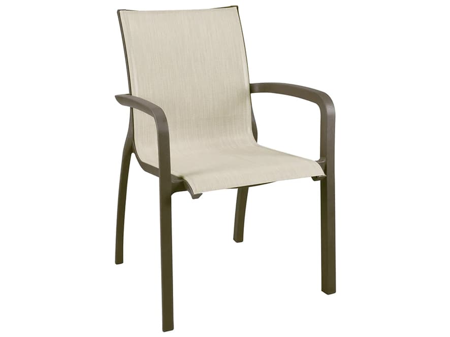 Grosfillex Sunset Sling Aluminum Fusion Bronze Stacking Patio Dining Arm Chair in Beige