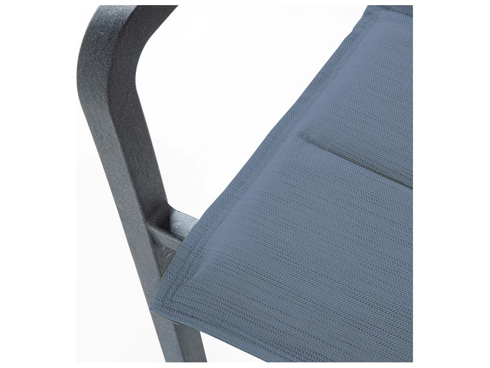 Grosfillex Sunset Sling Aluminum Volcanic Black Comfort Stacking Outdoor Patio Dining Arm Chair in Madras Blue