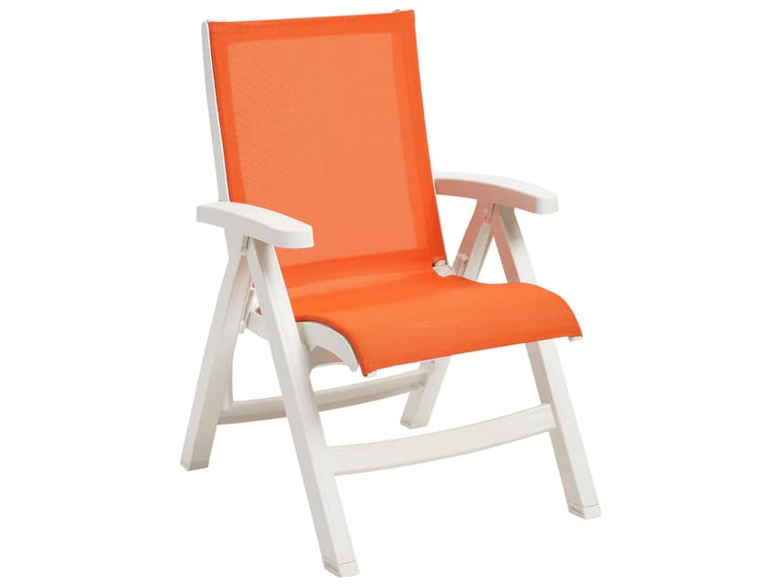 Grosfillex Jamaica Beach Sling Resin White Midback Folding Outdoor Lounge Chair in Orange
