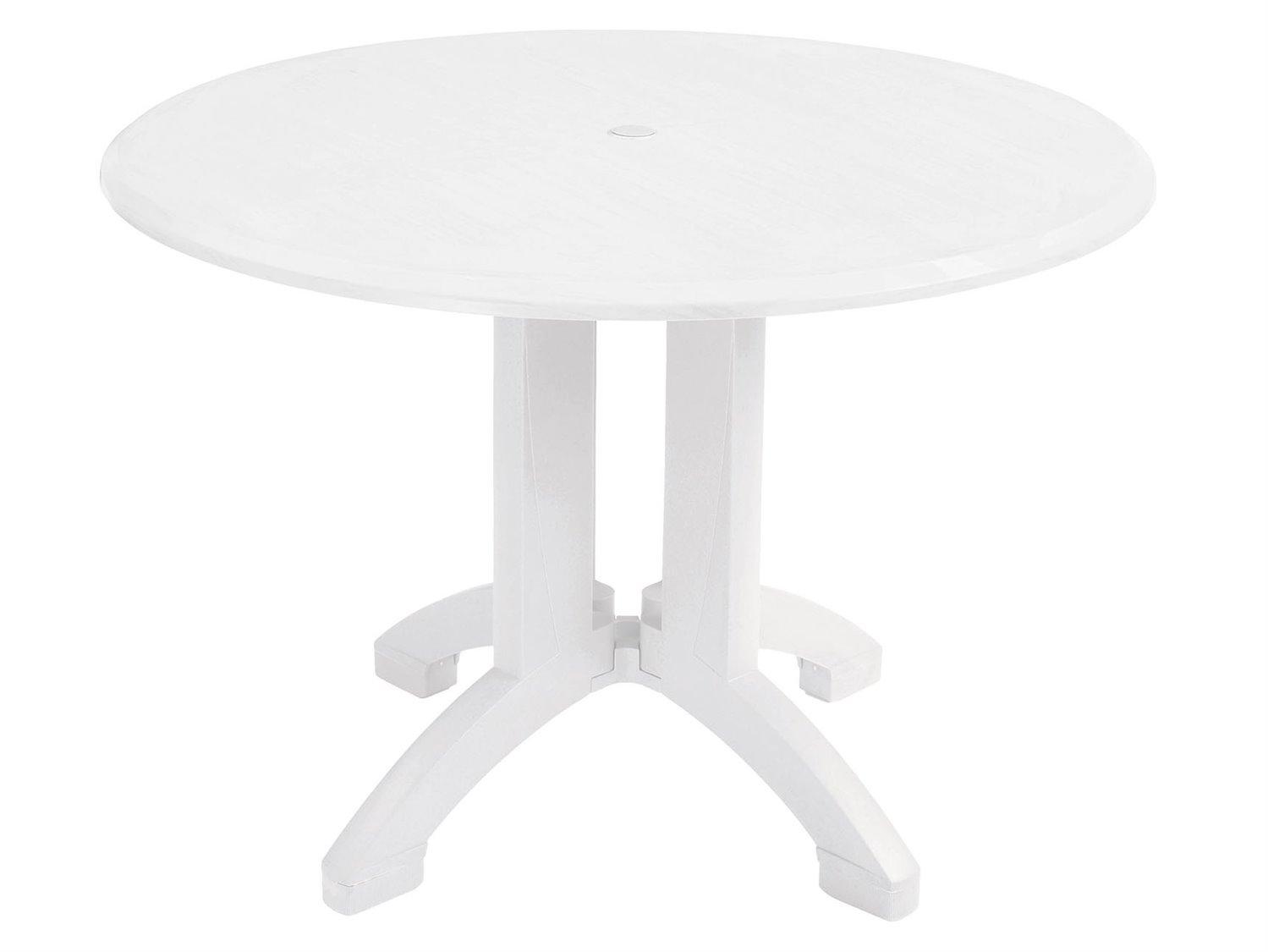 Grosfillex Atlanta Resin White Round Outdoor Patio Dining Table with Umbrella Hole