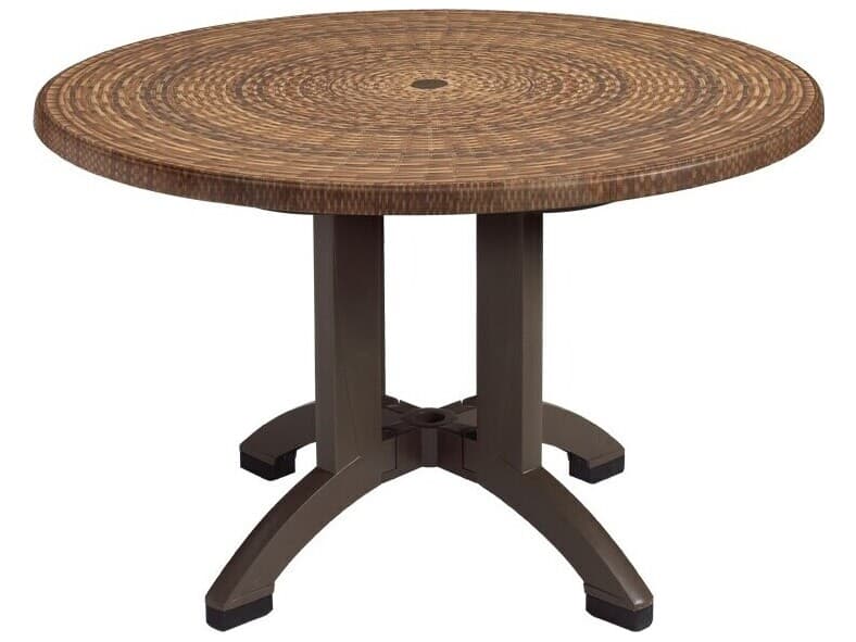 Grosfillex Atlanta Resin Wicker Decor Round Outdoor Dining Table with Umbrella Hole