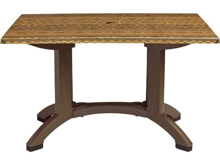 Grosfillex Atlanta Resin Wicker Decor Rectangular Outdoor Patio Dining Table with Umbrella Hole