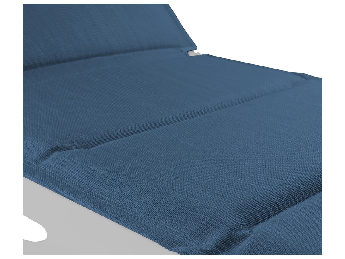 Grosfillex Sunset Sling Aluminum Resin Glacier White Comfort Outdoor Patio Chaise Lounge in Madras Blue