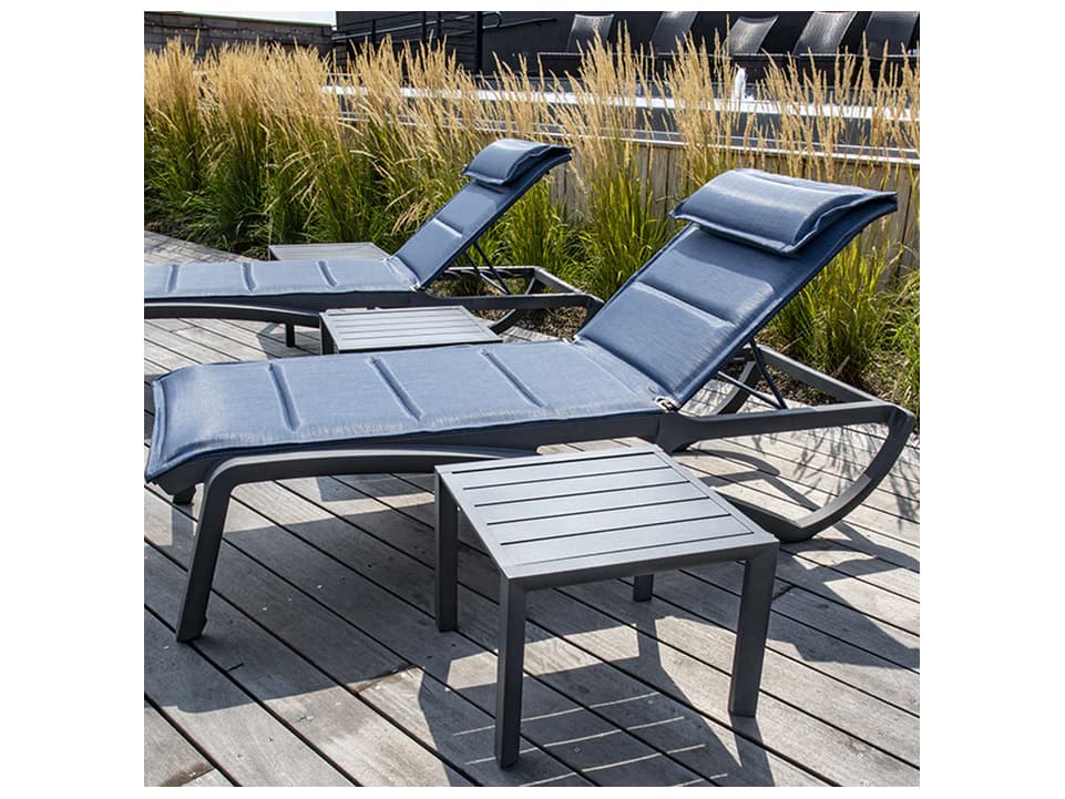 Grosfillex Sunset Sling Aluminum Resin Volcanic Black Comfort Patio Chaise Lounge in Madras Blue