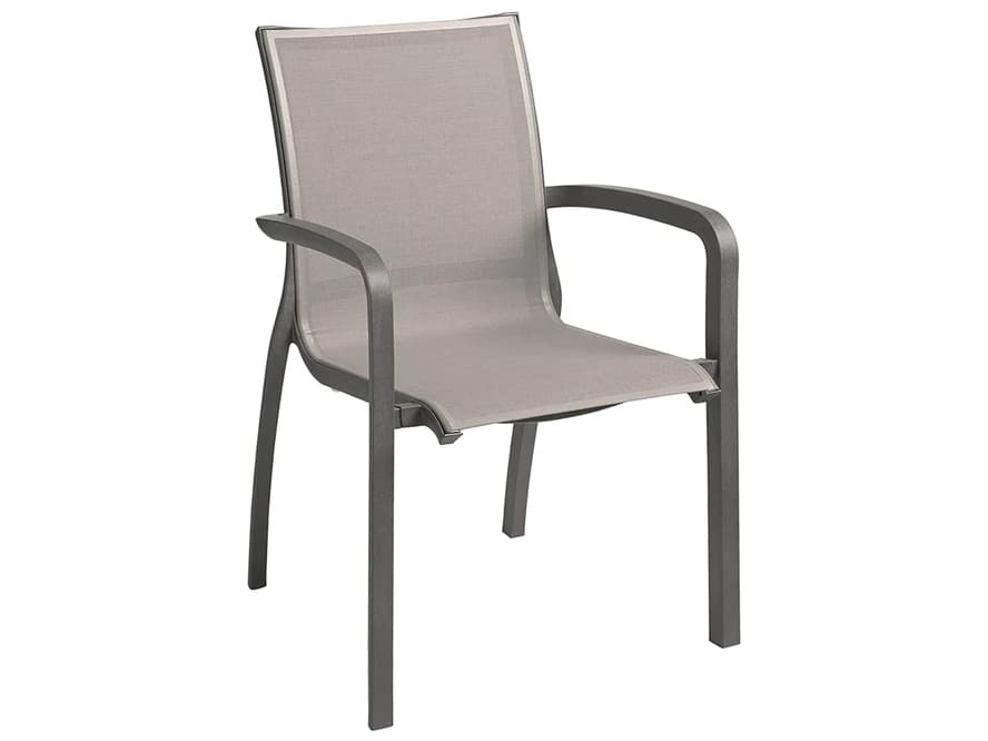 Grosfillex Sunset Sling Aluminum Volcanic Black Stacking Outdoor Patio Dining Arm Chair in Solid Gray