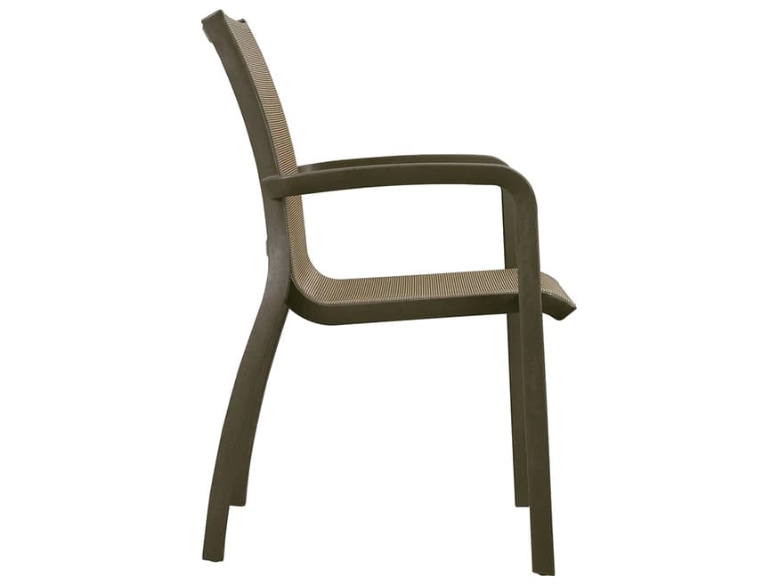 Grosfillex Sunset Sling Aluminum Fusion Bronze Stacking Outdoor Dining Arm Chair in Cognac