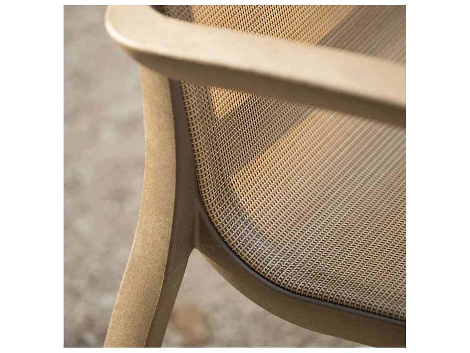 Grosfillex Sunset Sling Aluminum Fusion Bronze Stacking Outdoor Dining Arm Chair in Cognac