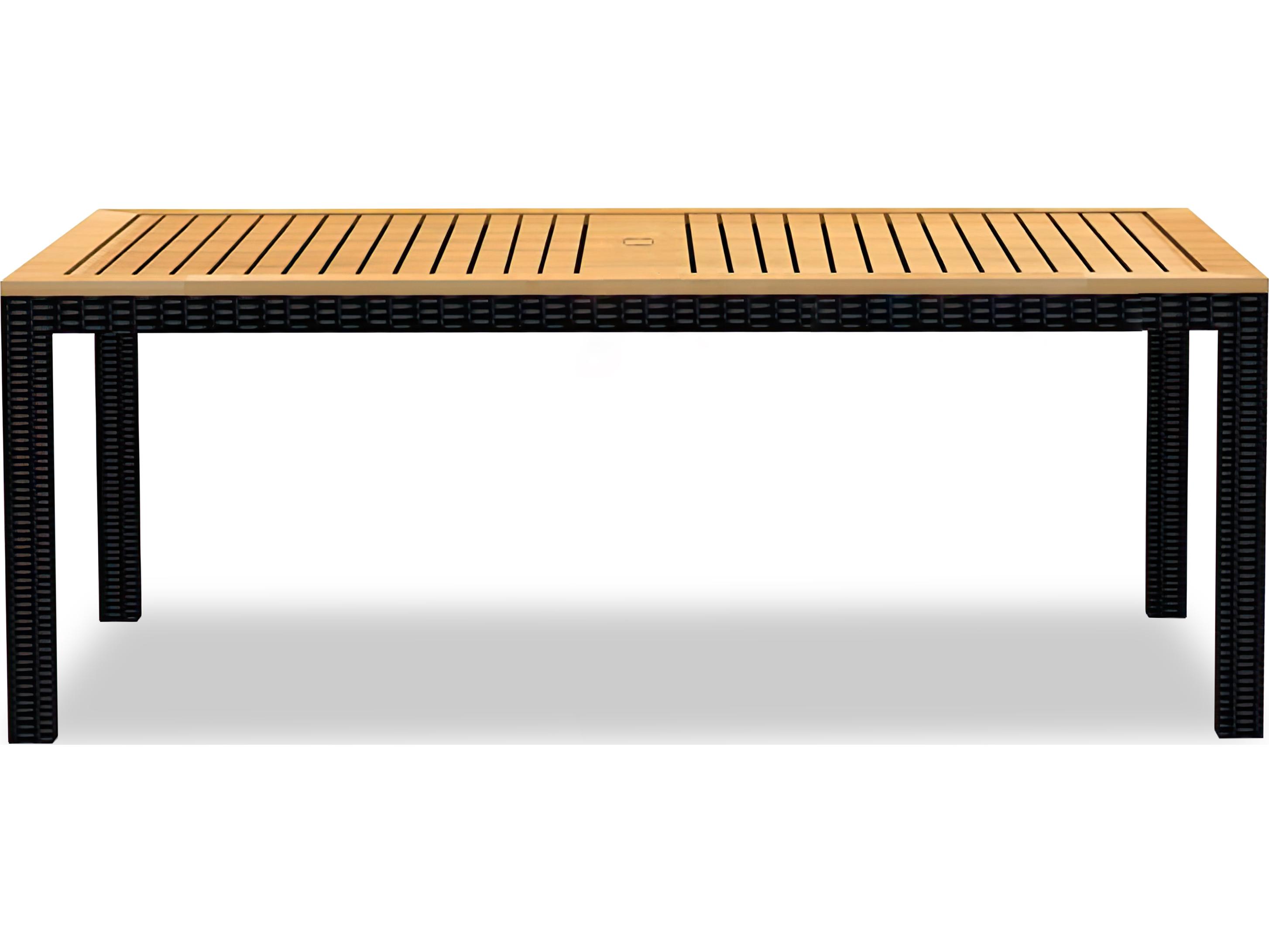 Harmonia Living Arbor Wicker Rectangular Teak Top Dining table with Umbrella Hole