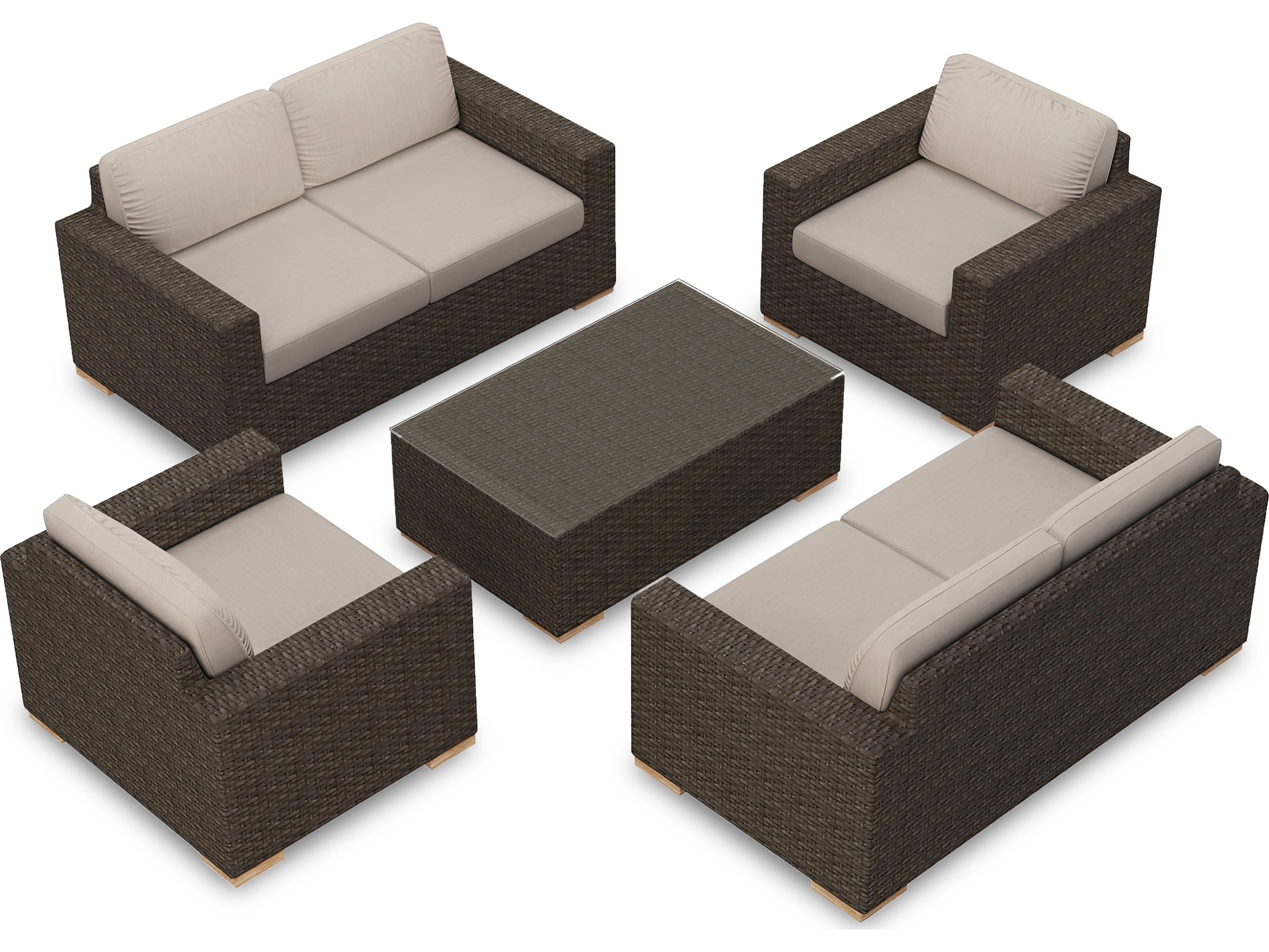 Harmonia Living Arden Wicker 5 Piece Double Loveseat Patio Lounge Set