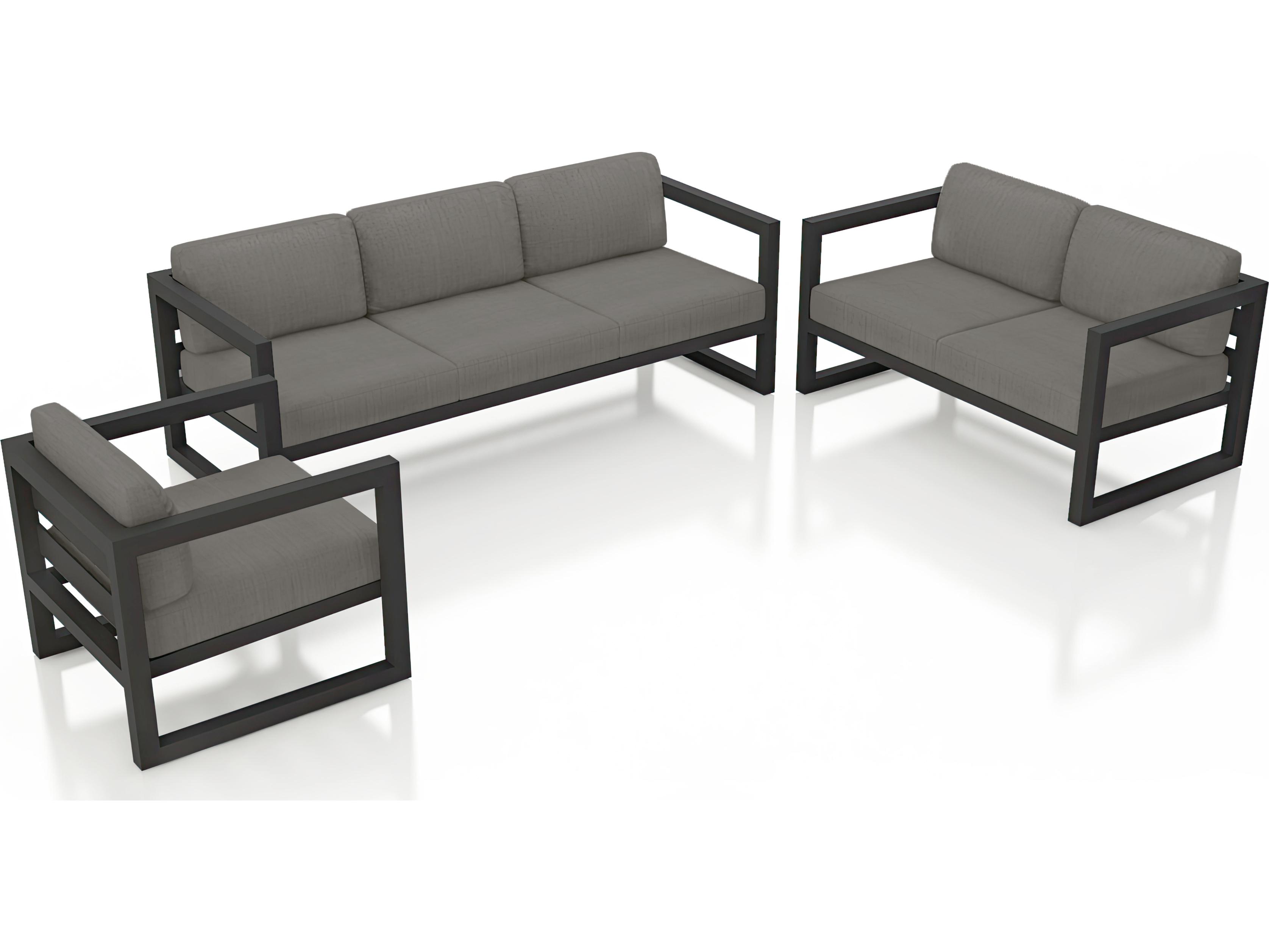 Harmonia Living Avion Aluminum Black 3 Piece Sofa Patio Lounge Set