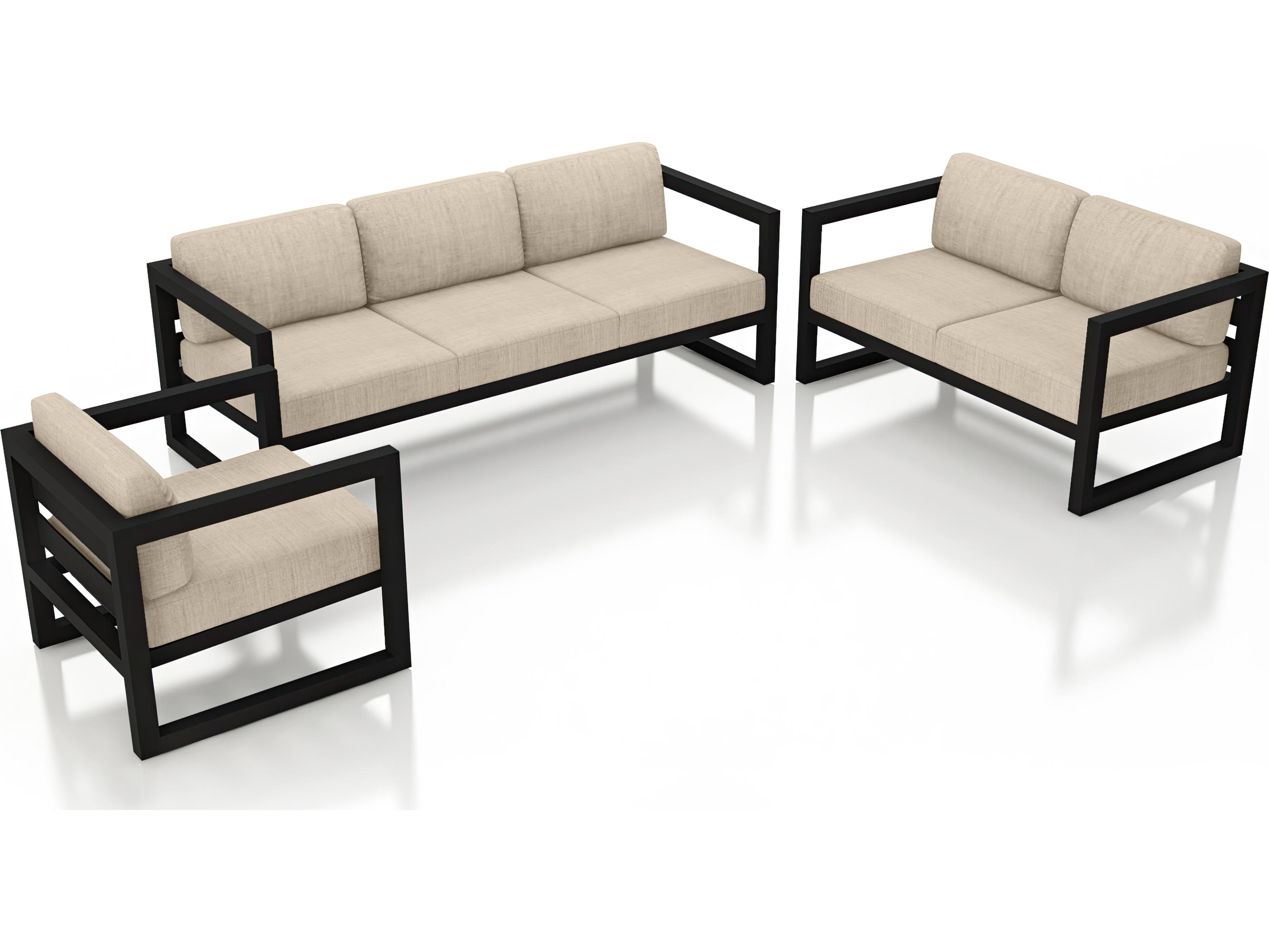 Harmonia Living Avion Aluminum Black 3 Piece Sofa Patio Lounge Set