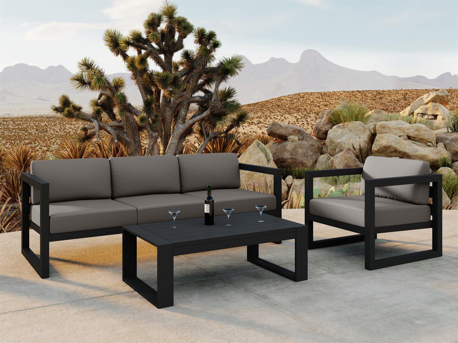 Harmonia Living Avion Aluminum Black 3 Piece Sofa Outdoor Lounge Set