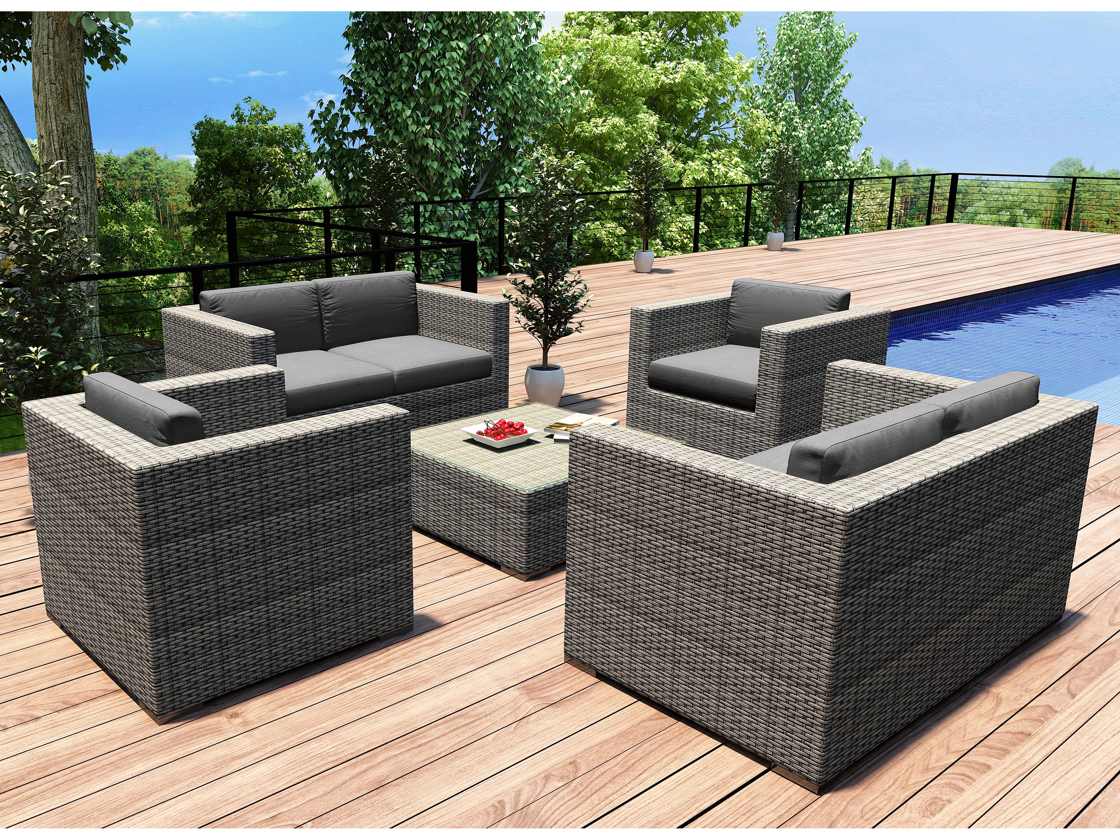 Harmonia Living District HDPE Wicker Textured Slate 5 Piece Double Loveseat Outdoor Lounge Set