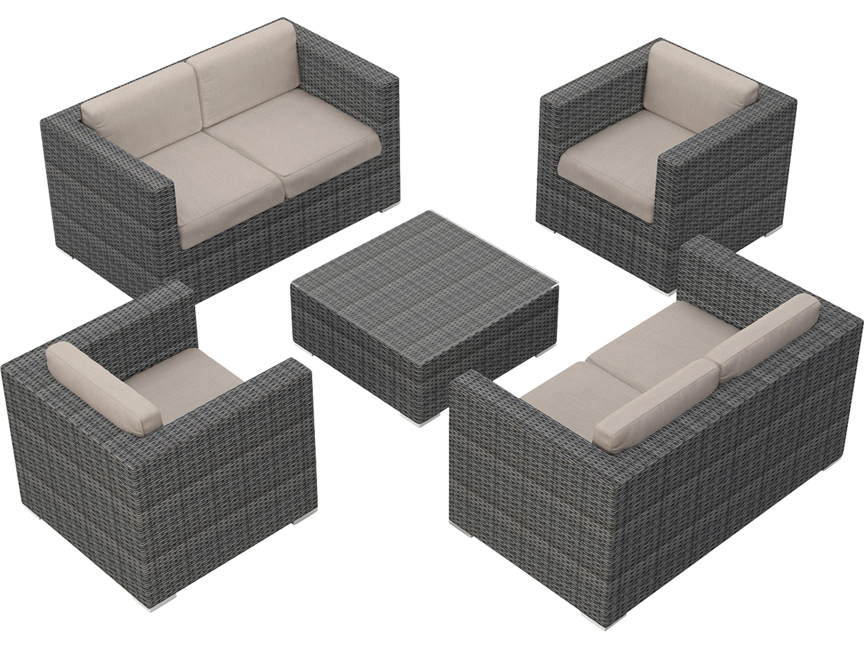 Harmonia Living District HDPE Wicker Textured Slate 5 Piece Double Loveseat Outdoor Lounge Set