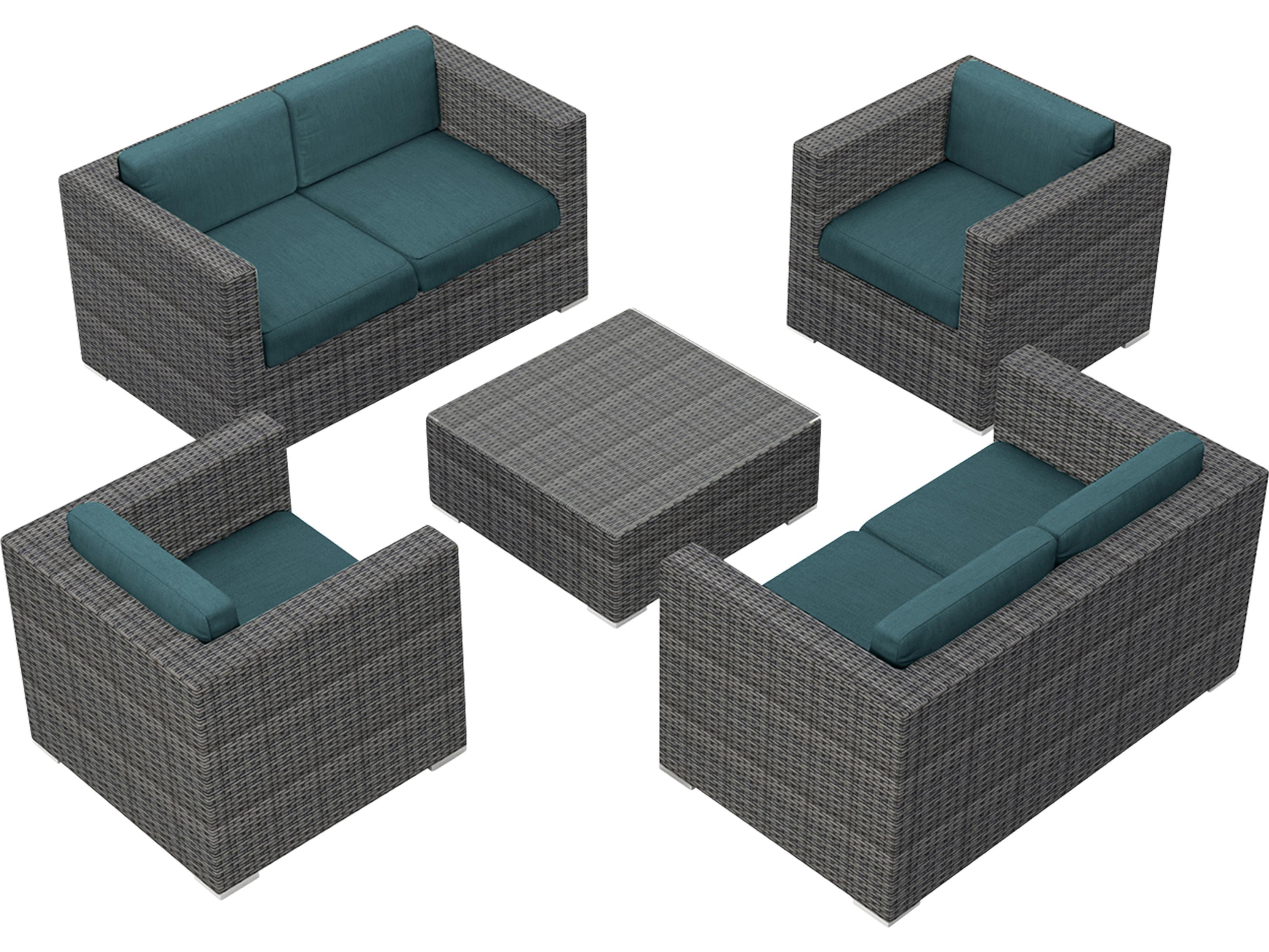 Harmonia Living District HDPE Wicker Textured Slate 5 Piece Double Loveseat Outdoor Lounge Set
